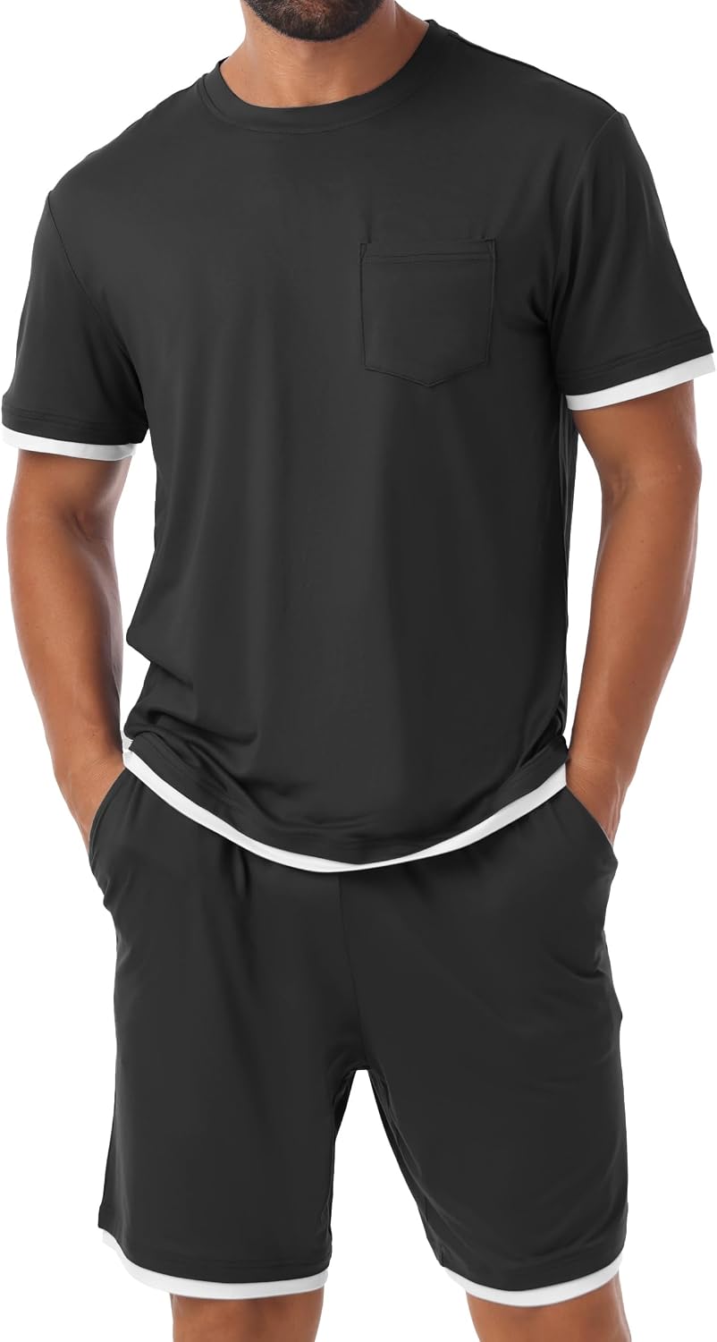 PrinStory Mens Pajamas Set Summer Short Sleeve Pjs Set S-3XL