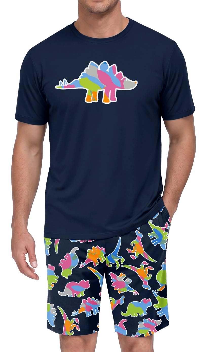 PrinStory Men Pajama Set Summer Pjs Sleepwear Short Sleeve Graphic Tee and Printed Shorts Novelty Loungewear With Pocket
