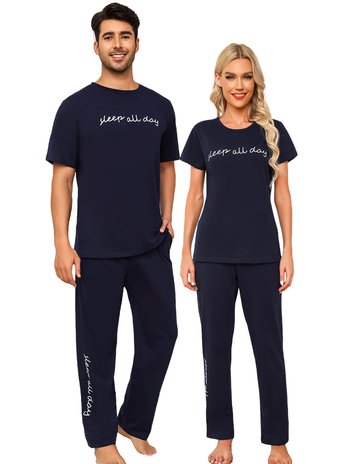 EISHOPEER Cotton Matching Pajamas for Couples Cute Printed Short Sleeve Top & Long Pants Sleepwear Pjs Sets