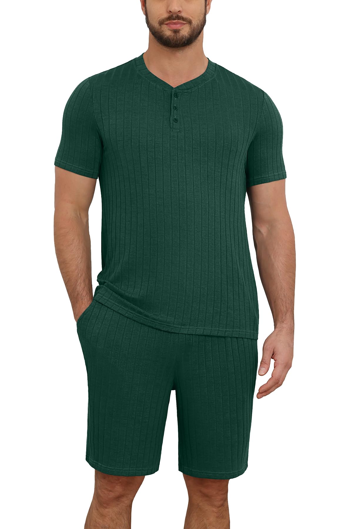NITAGUT Men’s Summer Pajama Set Lightweight Loungewear Short Sleeve Henley Top & Sleep Shorts 2 Piece Stretch Lounge Set