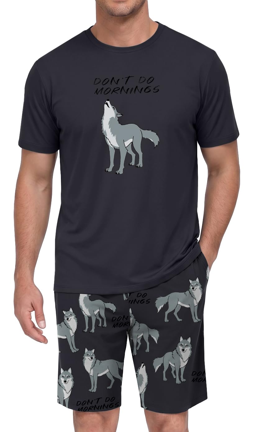 PrinStory Men Pajama Set Summer Pjs Sleepwear Short Sleeve Graphic Tee and Printed Shorts Novelty Loungewear With Pocket