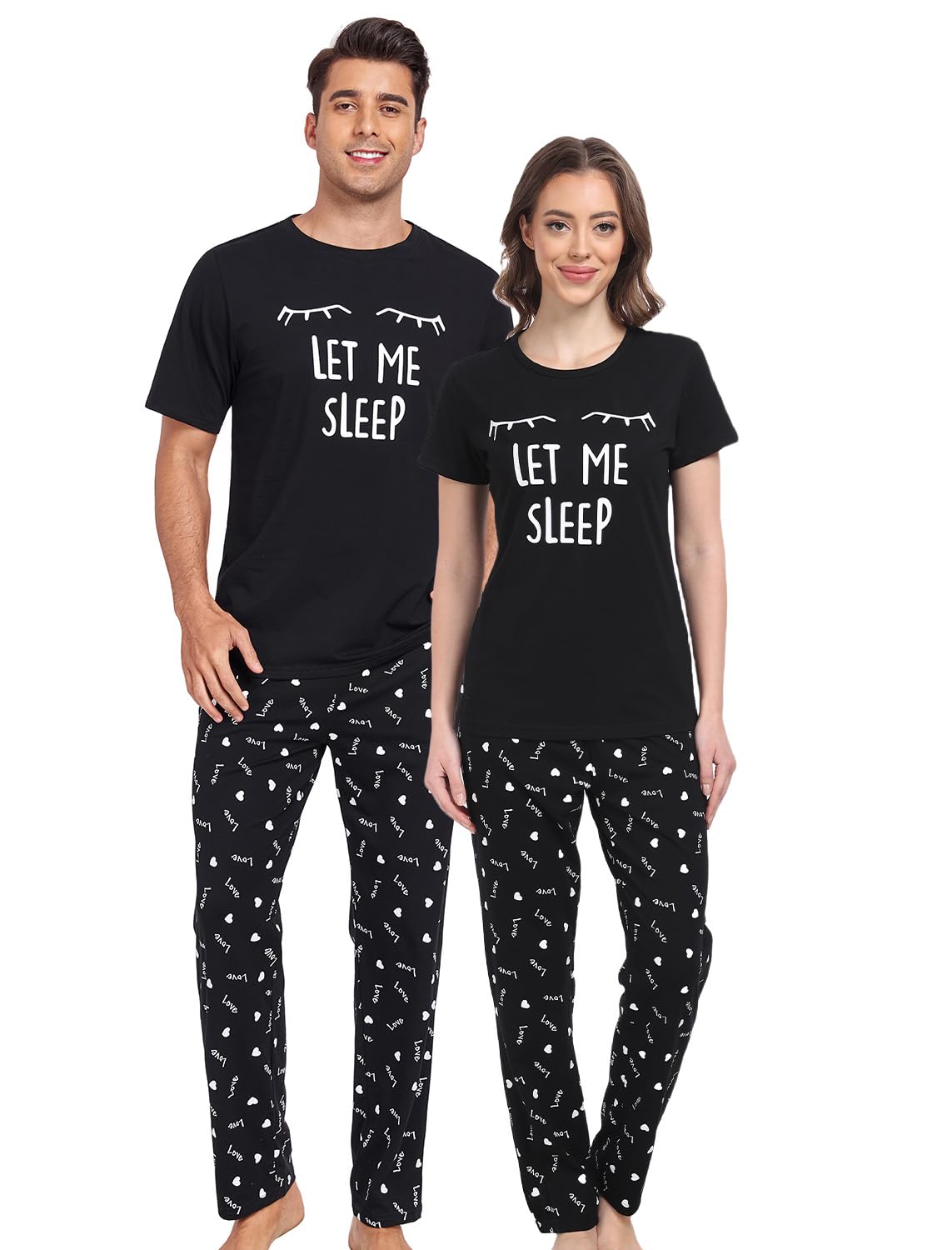 EISHOPEER Cotton Matching Pajamas for Couples Cute Printed Short Sleeve Top & Long Pants Sleepwear Pjs Sets