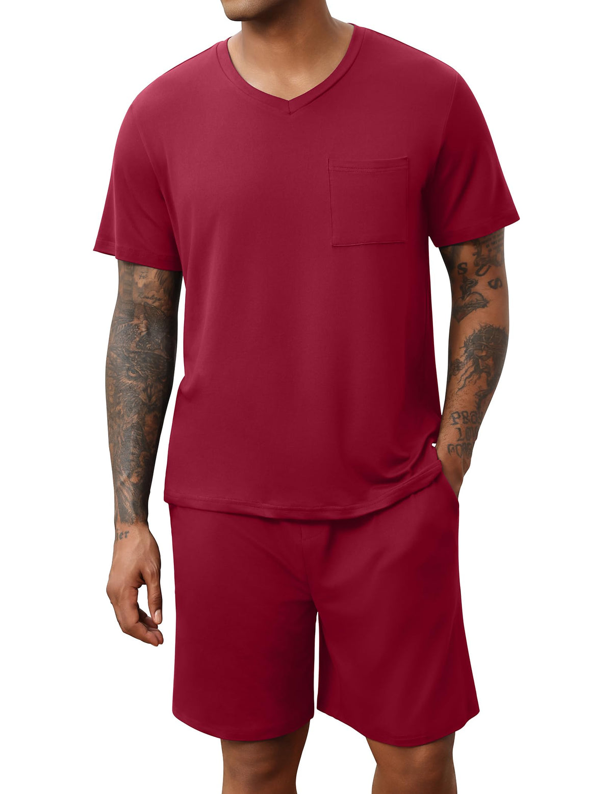 Ekouaer Mens Pajamas Set Soft Lounge Set V Neck Sleep Nightwear Short Sleeve Pjs with Pocket S-XXL