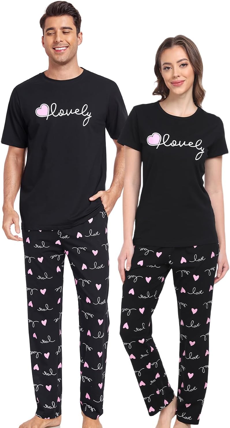 EISHOPEER Cotton Matching Pajamas for Couples Cute Printed Short Sleeve Top & Long Pants Sleepwear Pjs Sets