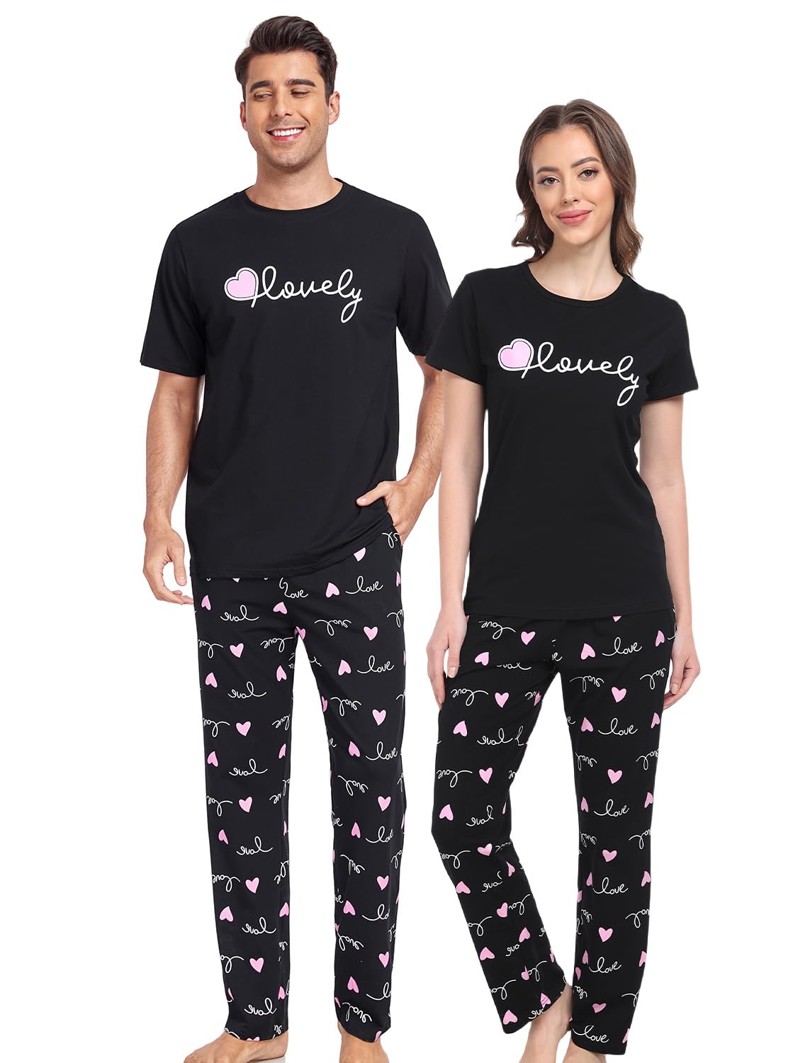 EISHOPEER Cotton Matching Pajamas for Couples Cute Printed Short Sleeve Top & Long Pants Sleepwear Pjs Sets