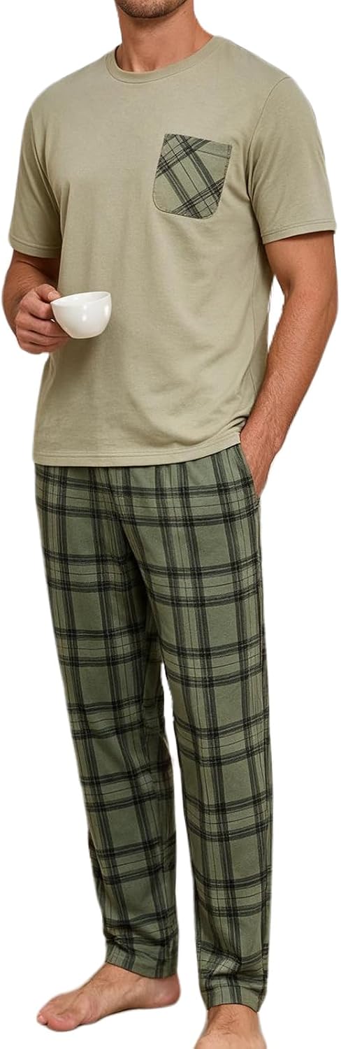 Mens Pajama Set Summer Sleepwear Short Sleeve Loungewear Lightweight Soft Nightwear Shirts Plaid Pants Pockets