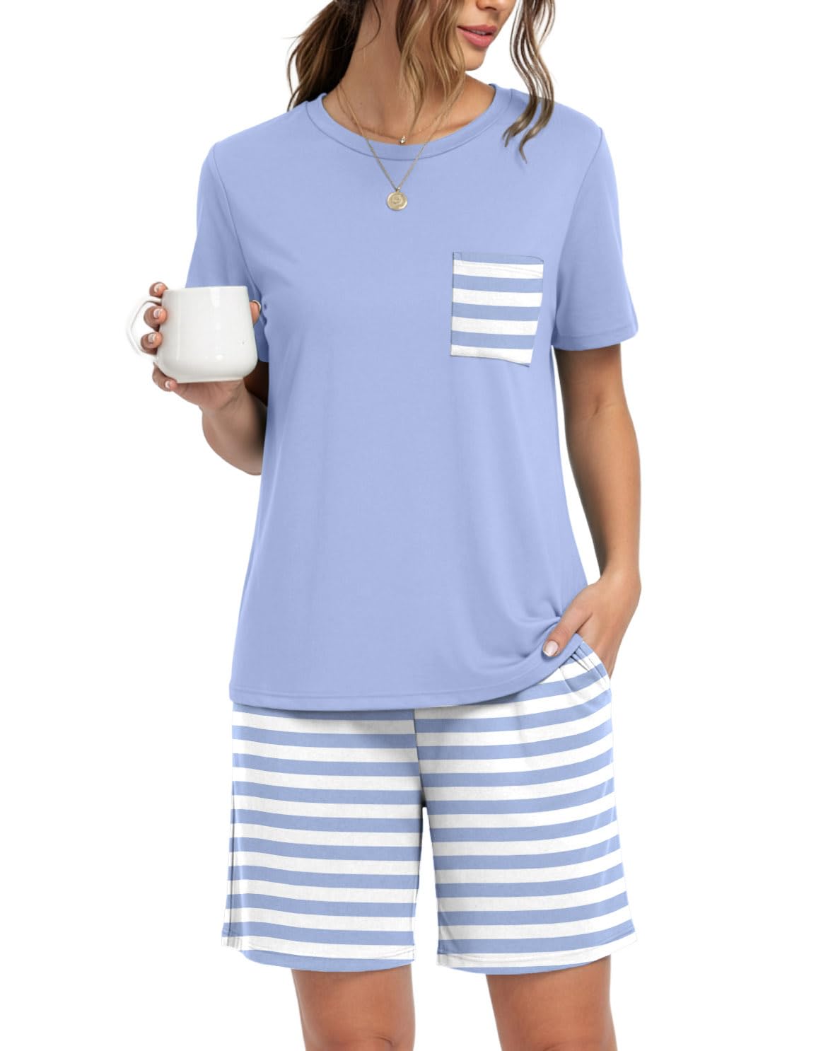 PrinStory Couples Pajamas Set Shirts and Shorts Summer Comfy Lounge Family