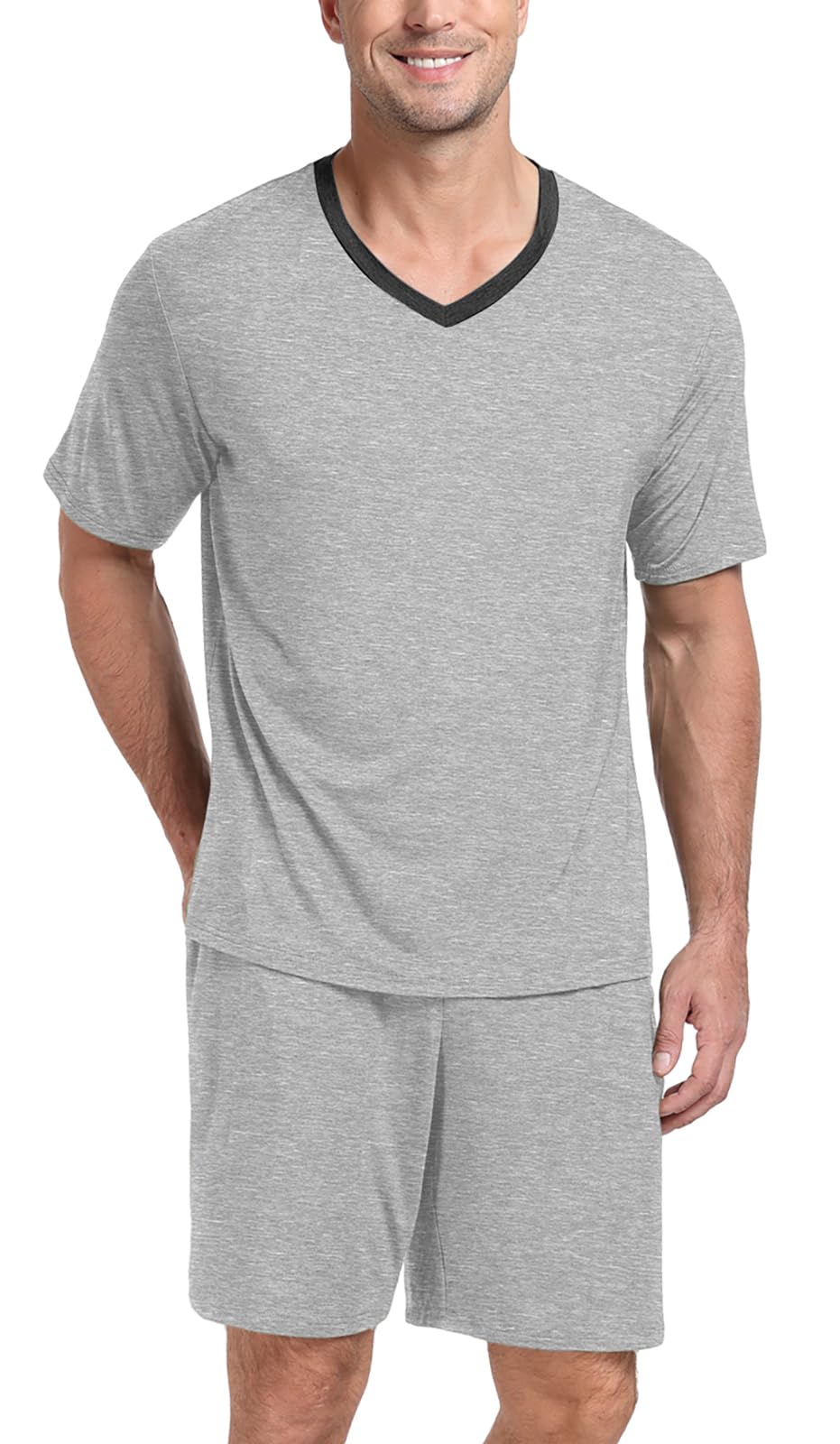 PrinStory Men's Pajama Set Sleepwear Pjs Lightweight Quick Dry Short Sleeve V-Neck Shirts and Shorts Soft Comfy Sleep Sets