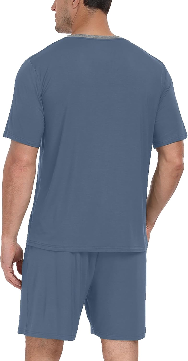PrinStory Men's Pajama Set Sleepwear Pjs Lightweight Quick Dry Short Sleeve V-Neck Shirts and Shorts Soft Comfy Sleep Sets
