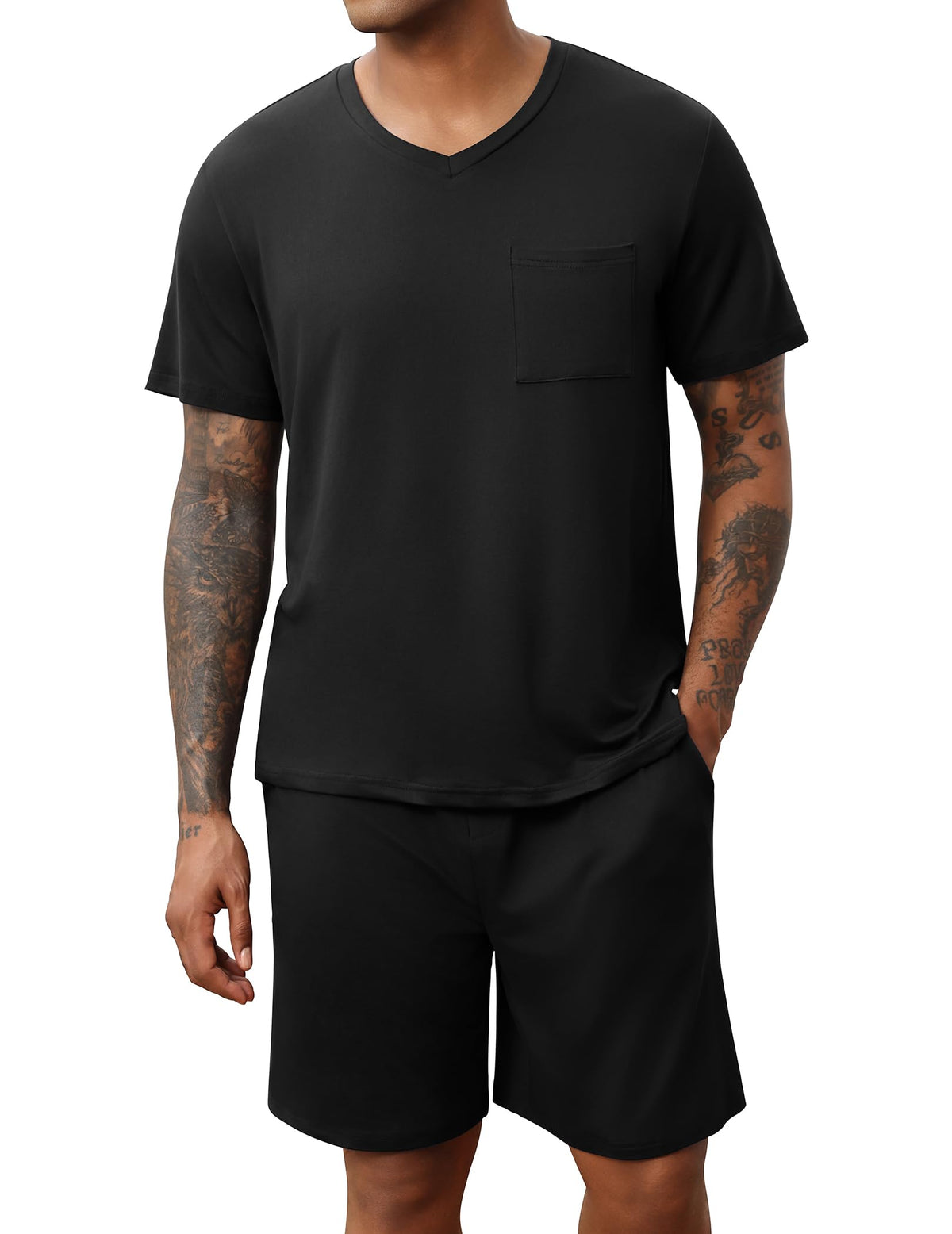 Ekouaer Mens Pajamas Set Soft Lounge Set V Neck Sleep Nightwear Short Sleeve Pjs with Pocket S-XXL