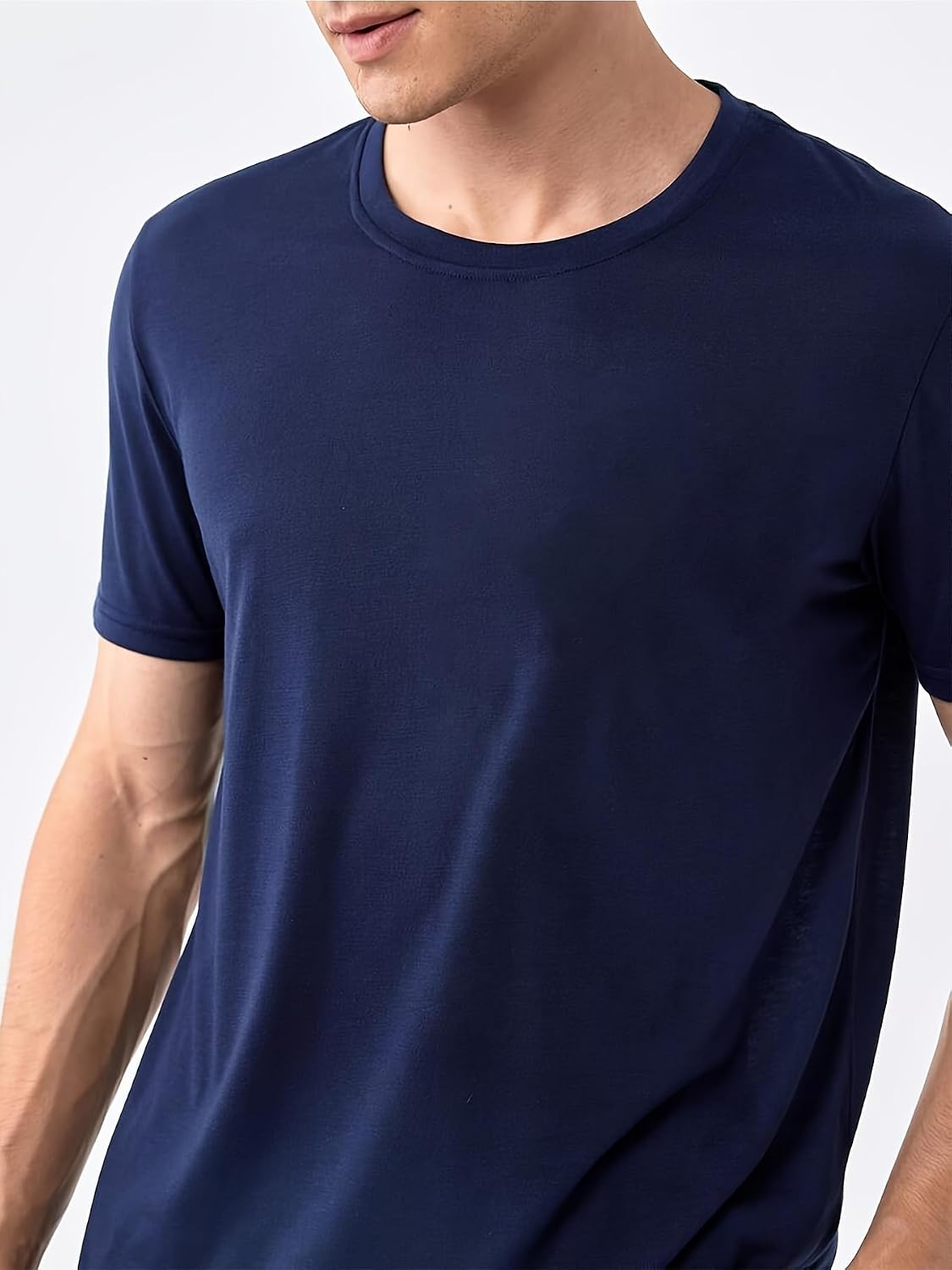 Men's Short Sleeve Pajama Set, Navy Solid T-Shirt & White Plaid Pants