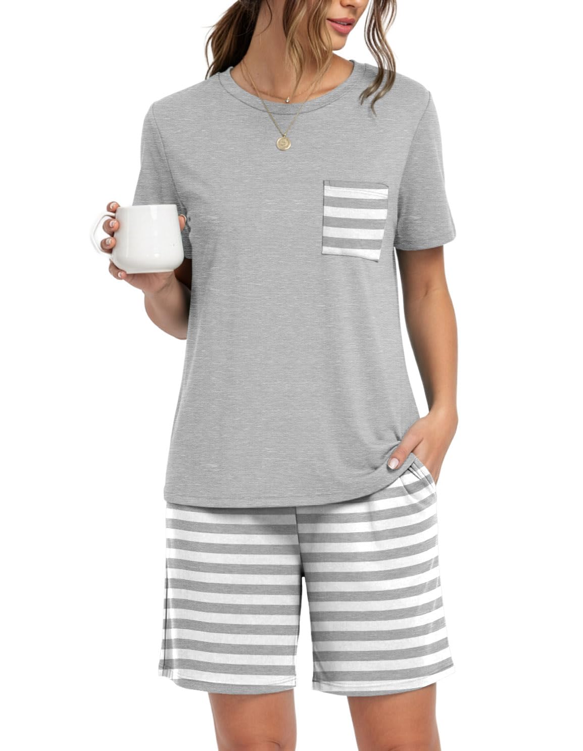 PrinStory Couples Pajamas Set Shirts and Shorts Summer Comfy Lounge Family