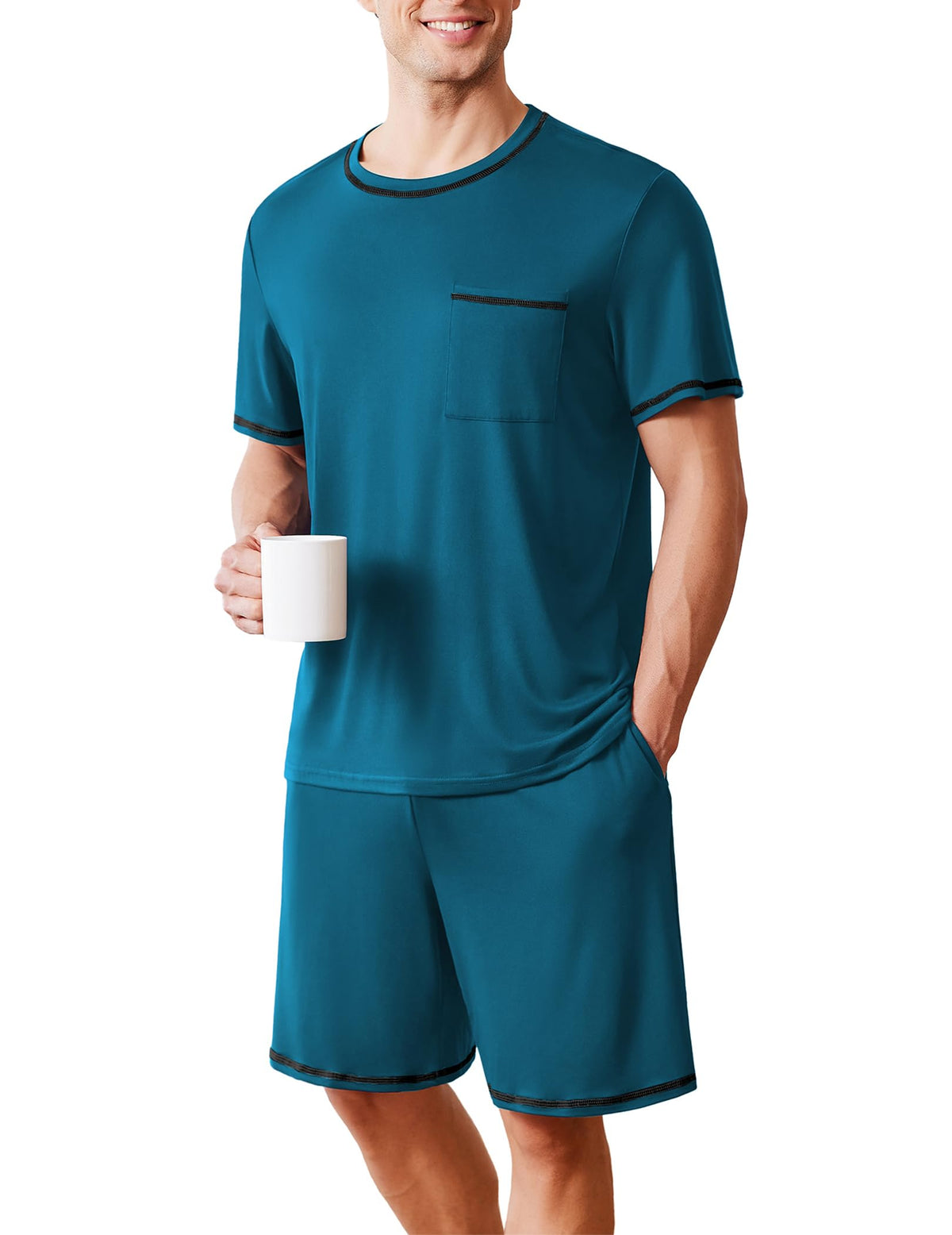 Ekouaer Men's Pajamas Set Casual Short Sleeve Shirts and Shorts Soft 2 Piece Loungewear With Pockets