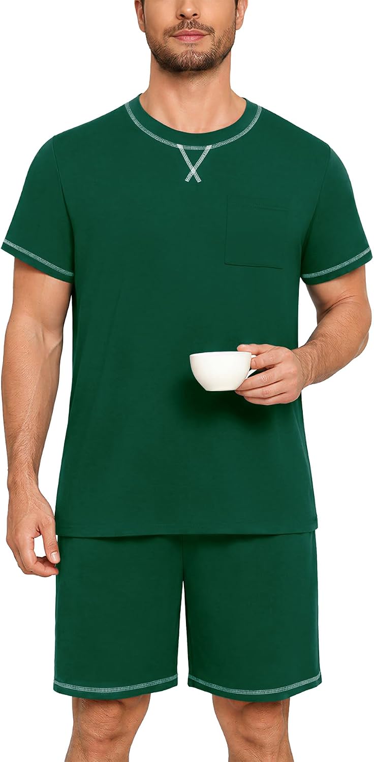 Men's Pajamas Set Casual Short Sleeve Shirts and Shorts 2 Piece Loungewear With Pockets