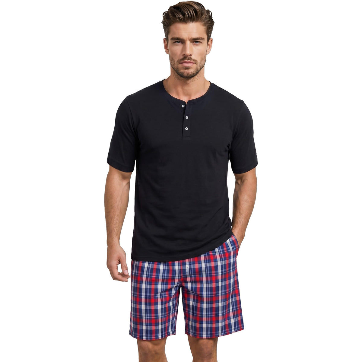 Vulcanodon Mens Pajama Set 100% Cotton Short Sleeve Sleepwear Soft Breathable Lounge Set Button Top with Pockets Cozy Pjs