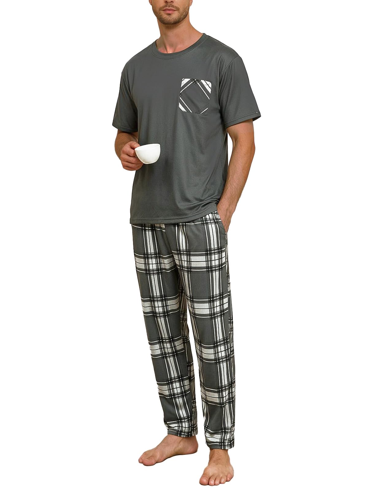 Mens Pajama Set Summer Sleepwear Short Sleeve Loungewear Lightweight Soft Nightwear Shirts Plaid Pants Pockets