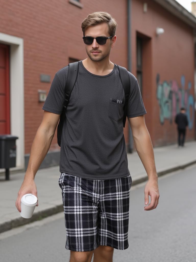 Sykooria Mens Pajamas Set Cotton Pajamas Shorts Set Short Sleeve Pjs Sets Soft Sleepwear S-XXL