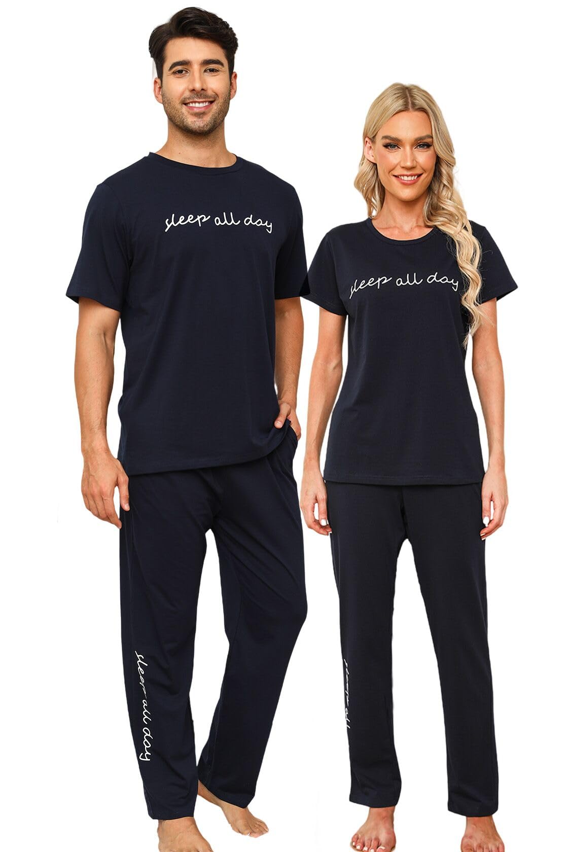 EISHOPEER Cotton Matching Pajamas for Couples Cute Printed Short Sleeve Top & Long Pants Sleepwear Pjs Sets
