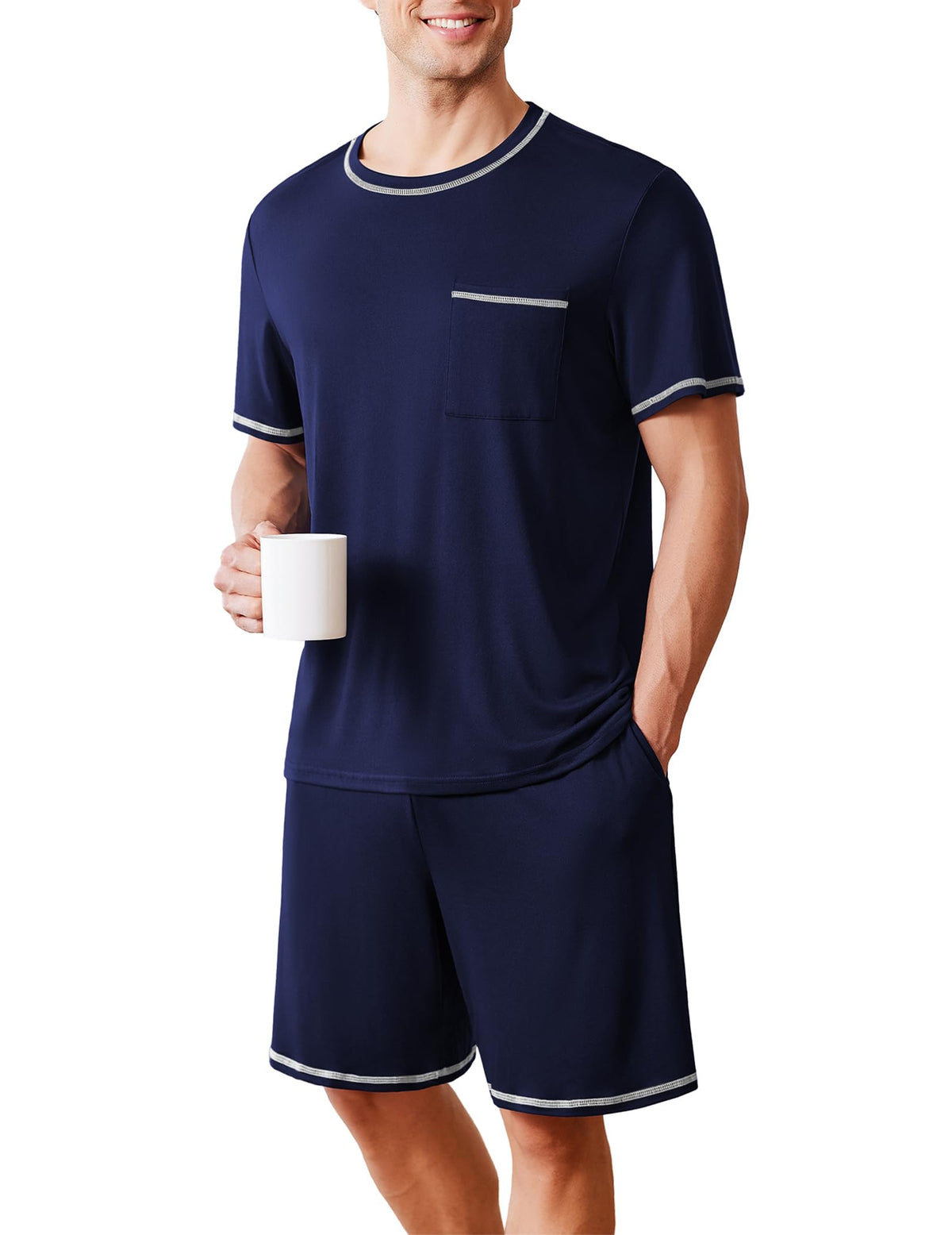 Ekouaer Men's Pajamas Set Casual Short Sleeve Shirts and Shorts Soft 2 Piece Loungewear With Pockets