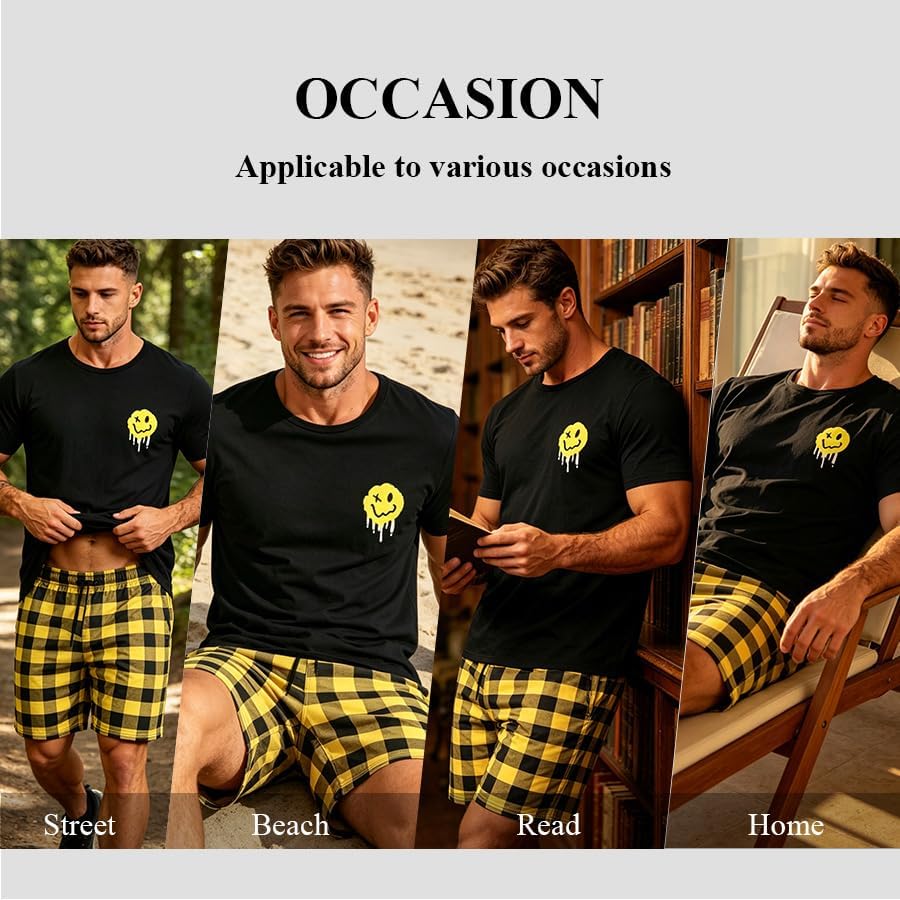 Men's Summer Pajama Set - Short Sleeve Top & Shorts Lounge Wear