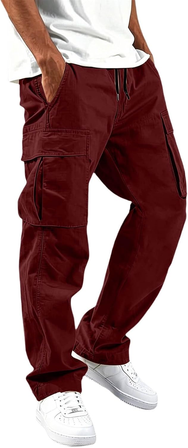 Mens Cargo Pants Relaxed Fit Elastic Waist Drawstring Straight Leg Hiking Workout Outdoor Joggers with Pockets