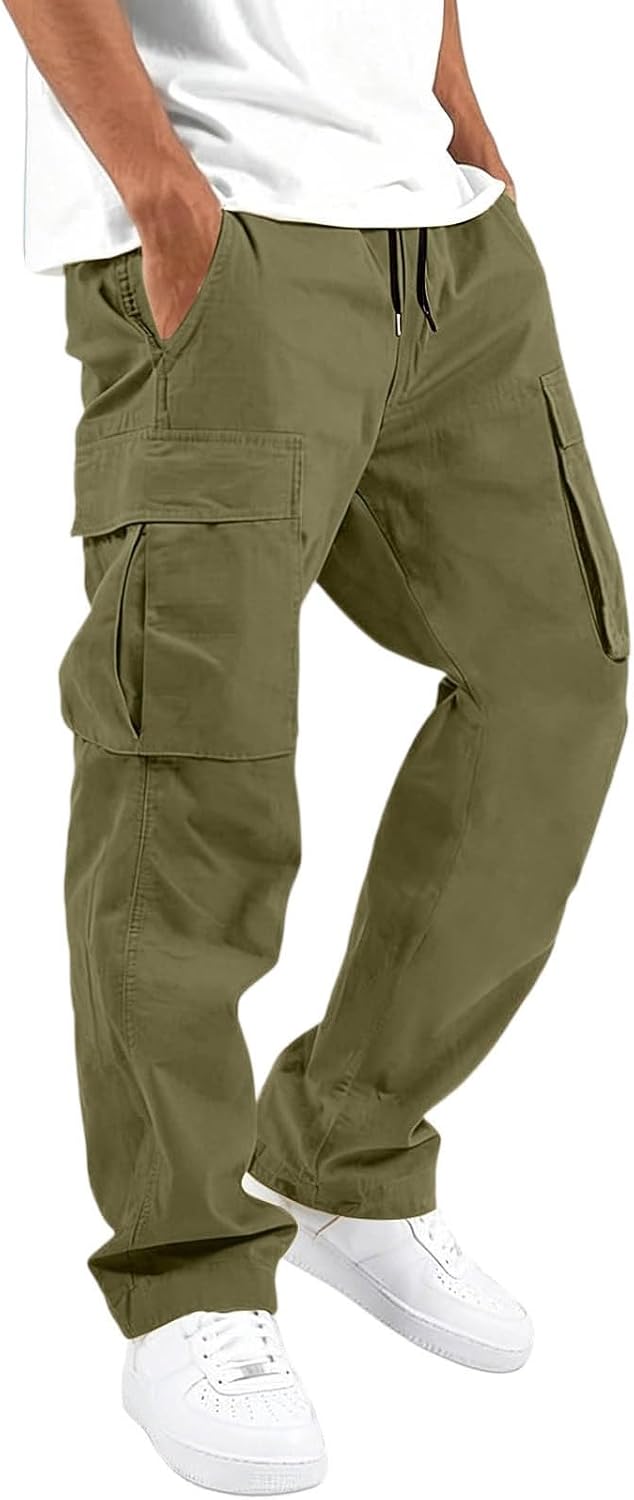 Cargo Pants for Men Elastic Waist Work Pants with Drawstring Multi Pockets Hiking Lightweight Tactical Trousers