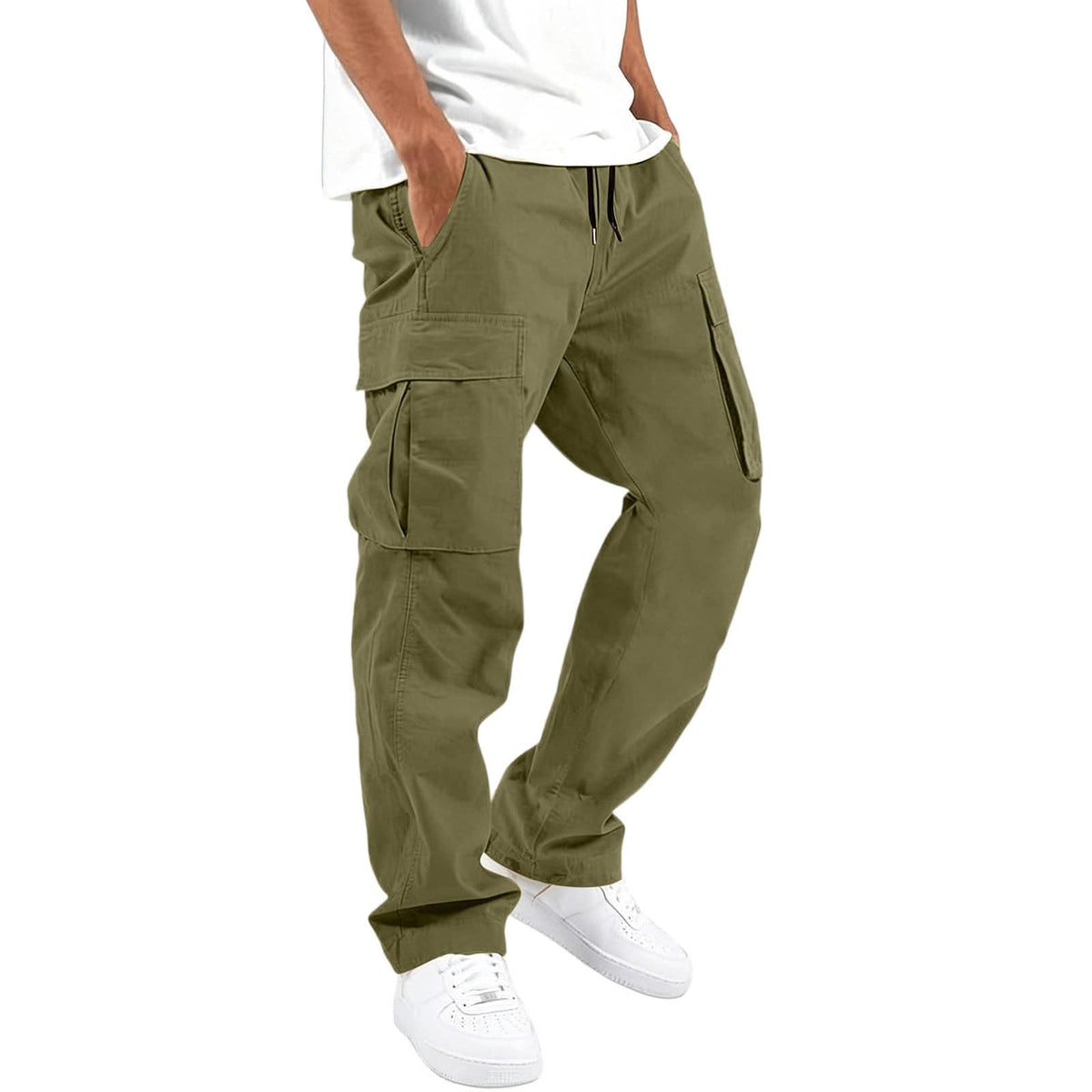 Cargo Pants for Men Elastic Waist Work Pants with Drawstring Multi Pockets Hiking Lightweight Tactical Trousers