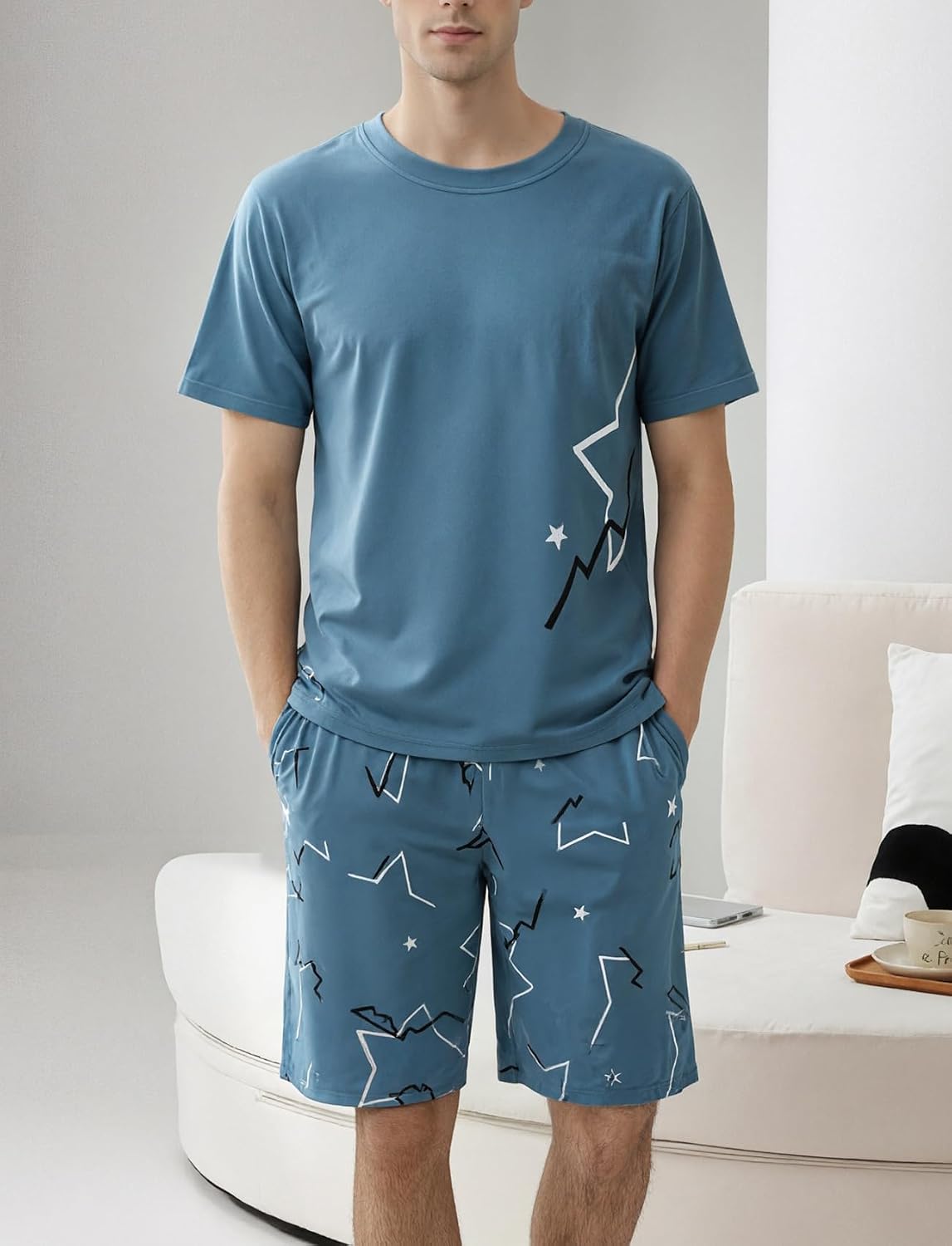 Men's Short Sleeve Pajama Set Summer Breathable Soft Sleepwear Loungewear Cozy PJs