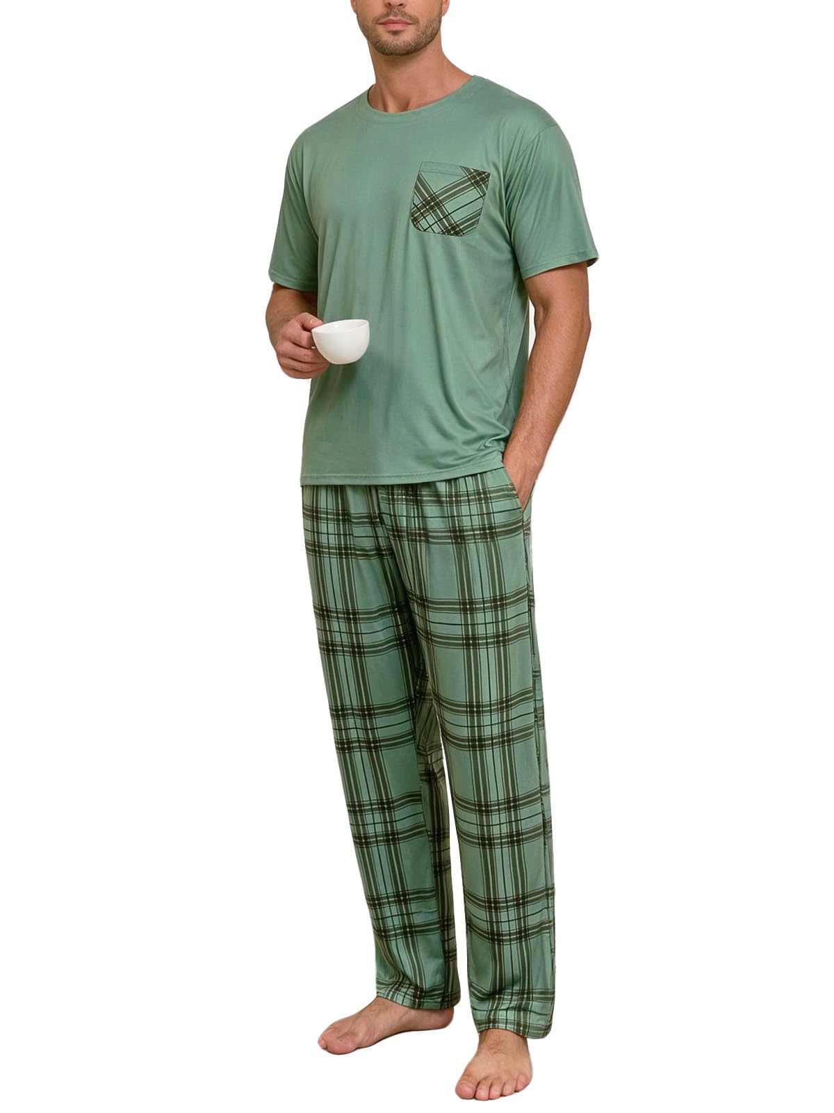 Mens Pajama Set Summer Sleepwear Short Sleeve Loungewear Lightweight Soft Nightwear Shirts Plaid Pants Pockets