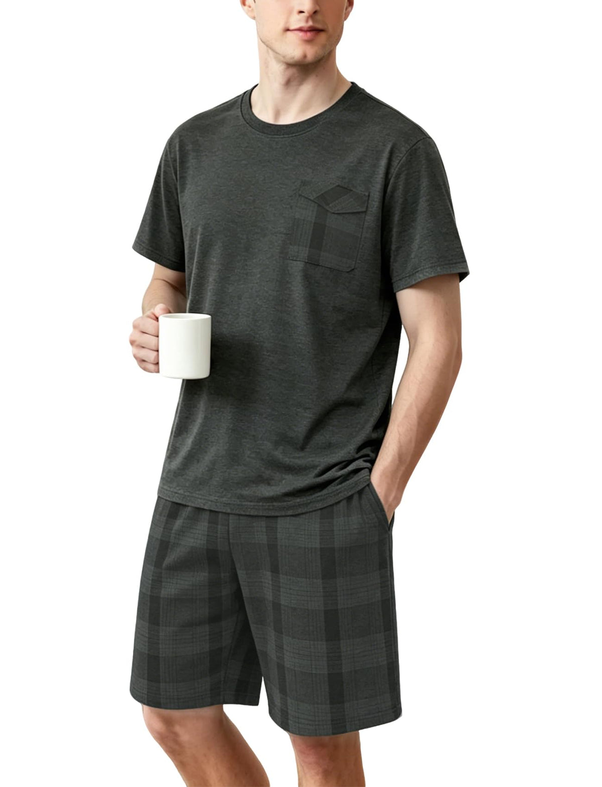Mens Pajama Set Summer Sleepwear Short Sleeve Loungewear Lightweight Soft Nightwear Shirts Plaid Shorts with Pockets