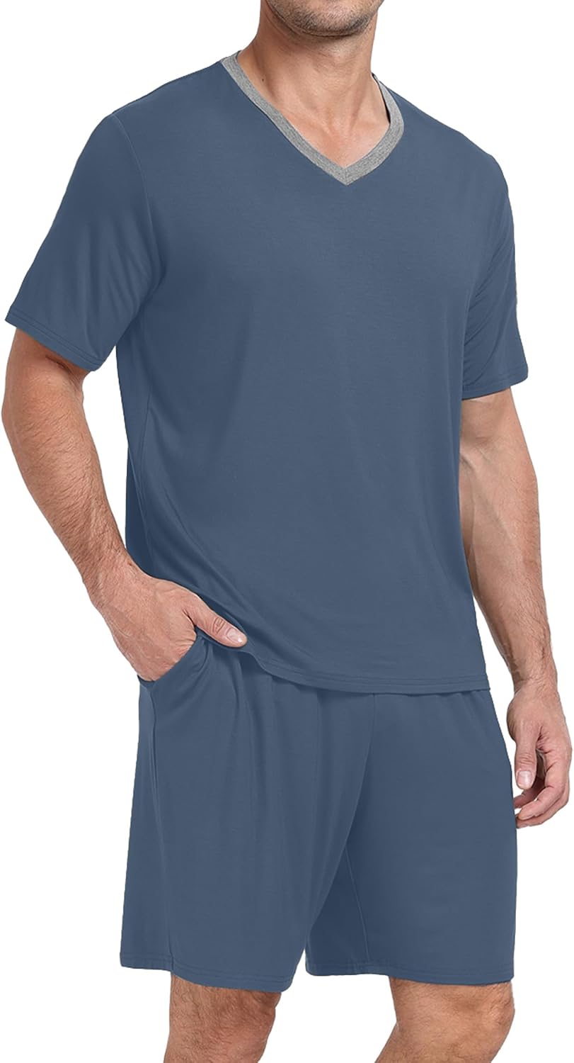 PrinStory Men's Pajama Set Sleepwear Pjs Lightweight Quick Dry Short Sleeve V-Neck Shirts and Shorts Soft Comfy Sleep Sets