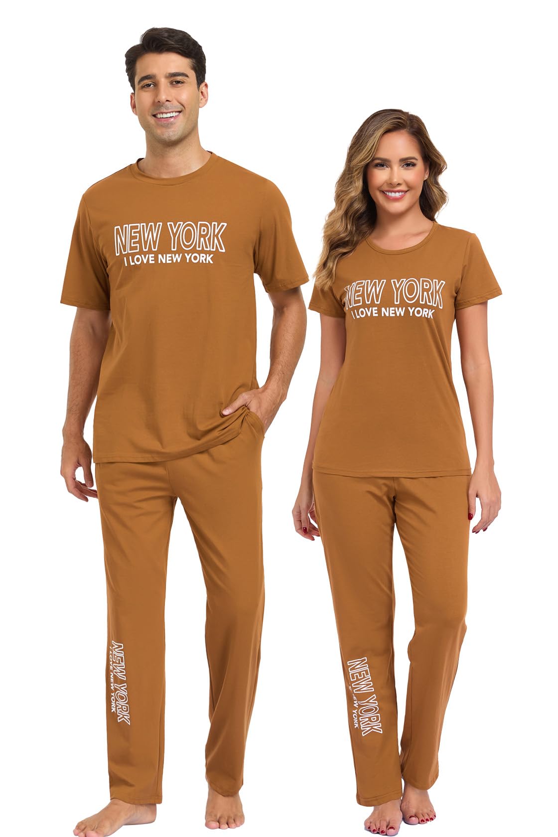 EISHOPEER Cotton Matching Pajamas for Couples Cute Printed Short Sleeve Top & Long Pants Sleepwear Pjs Sets