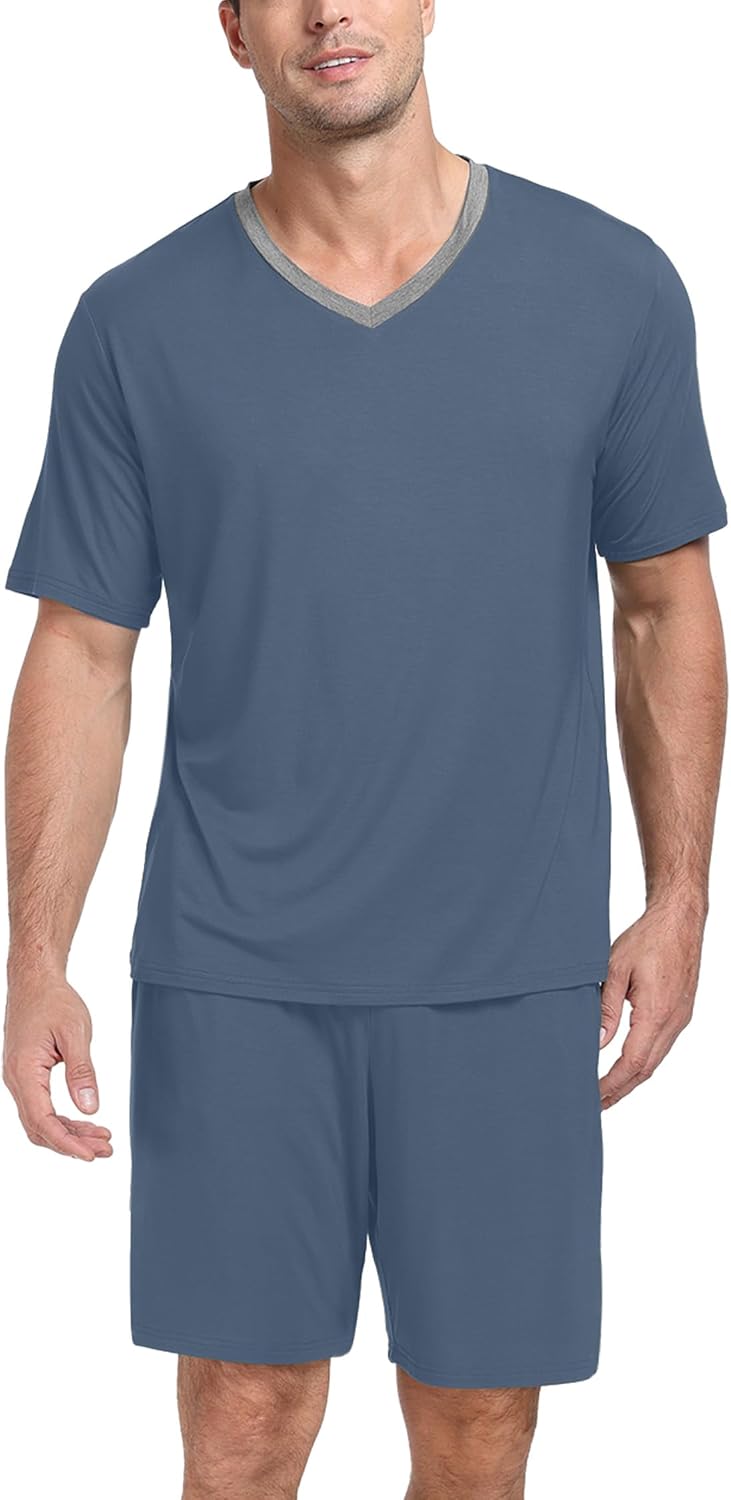 PrinStory Men's Pajama Set Sleepwear Pjs Lightweight Quick Dry Short Sleeve V-Neck Shirts and Shorts Soft Comfy Sleep Sets