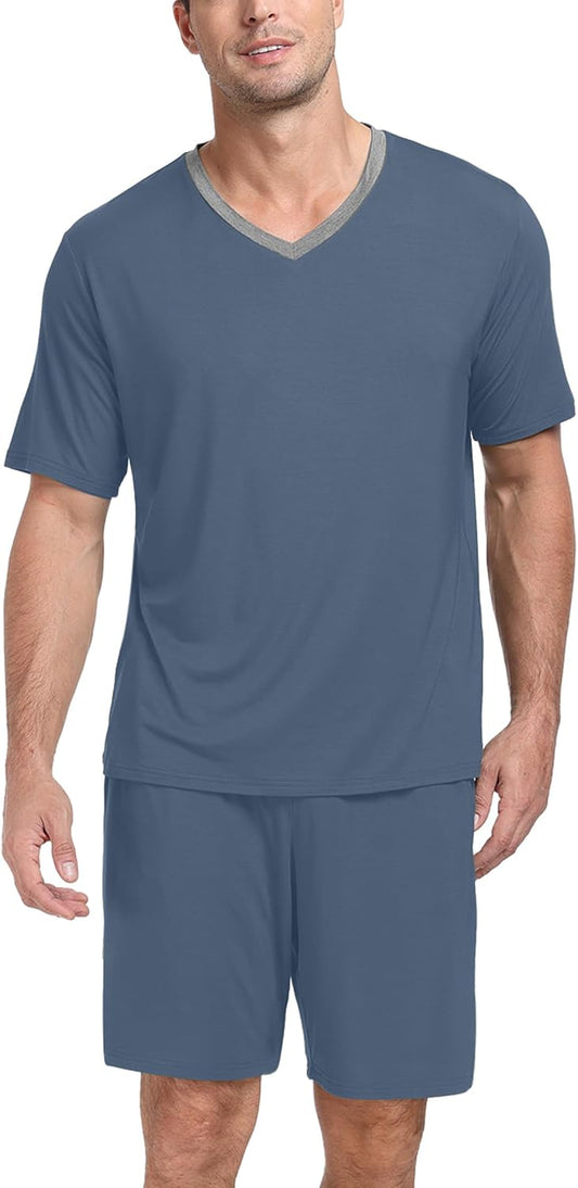 PrinStory Men's Pajama Set Sleepwear Pjs Lightweight Quick Dry Short Sleeve V-Neck Shirts and Shorts Soft Comfy Sleep Sets