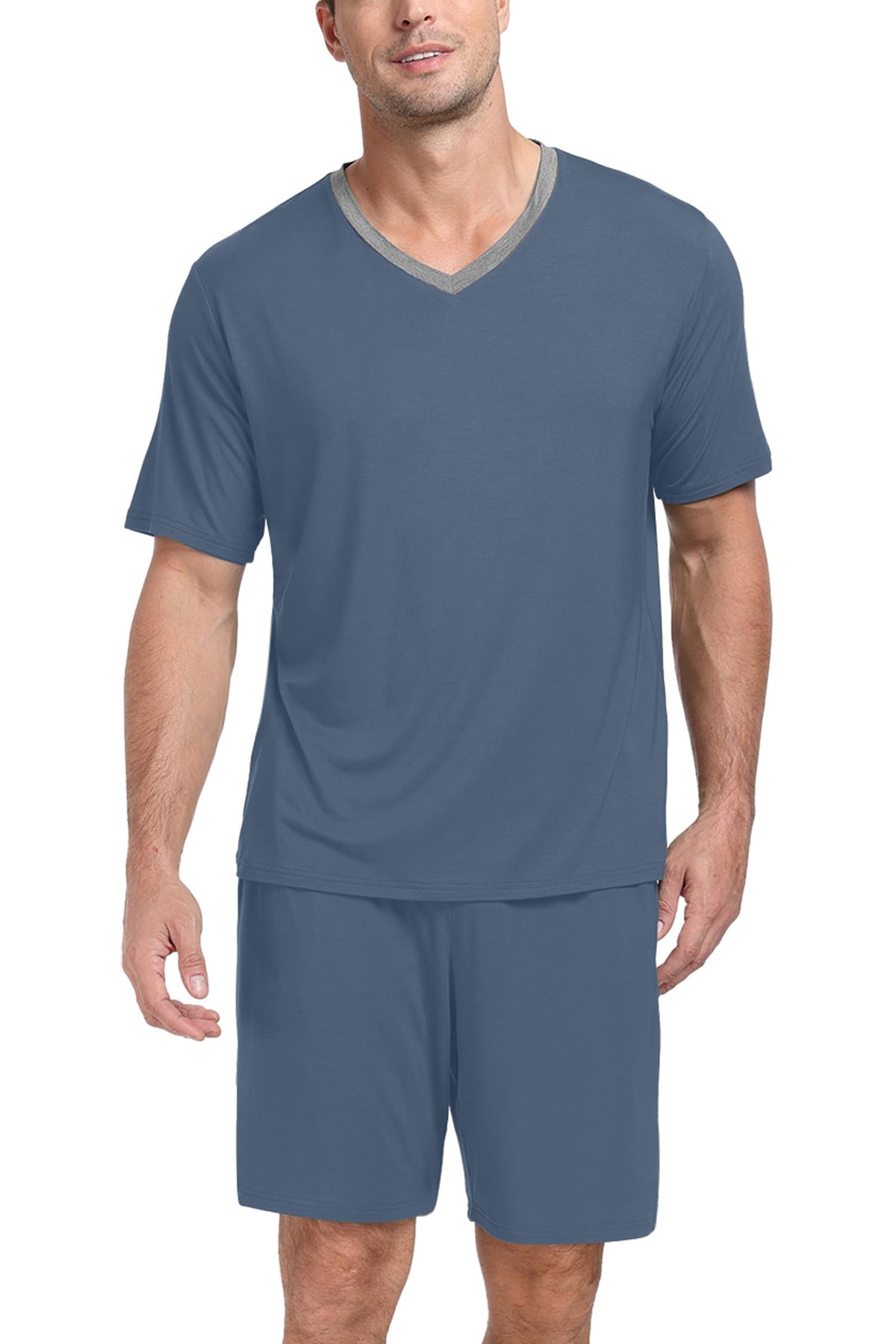 PrinStory Men's Pajama Set Sleepwear Pjs Lightweight Quick Dry Short Sleeve V-Neck Shirts and Shorts Soft Comfy Sleep Sets