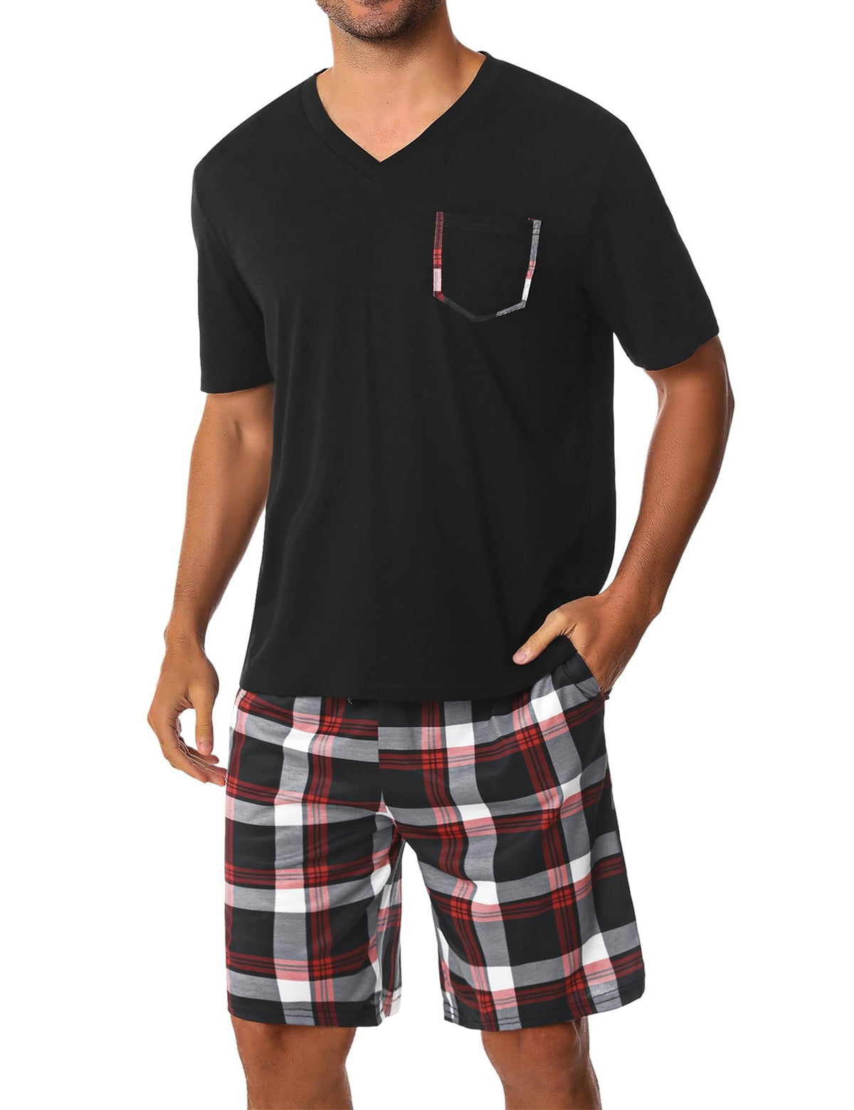 Sykooria Mens Cotton Pajamas Set 2 Piece Soft Sleepwear Short Sleeve Top & Plaid Shorts With Pockets