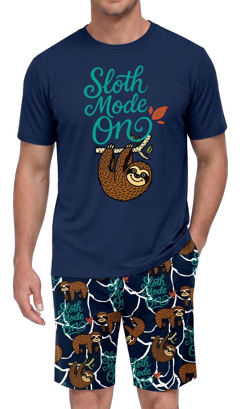 PrinStory Men Pajama Set Summer Pjs Sleepwear Short Sleeve Graphic Tee and Printed Shorts Novelty Loungewear With Pocket