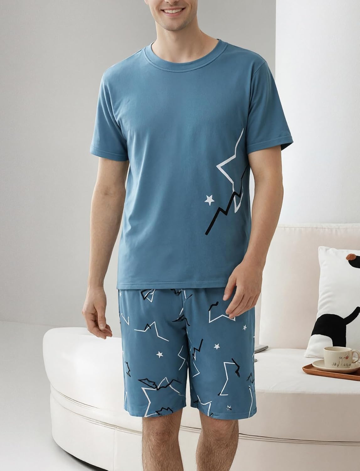 Men's Short Sleeve Pajama Set Summer Breathable Soft Sleepwear Loungewear Cozy PJs