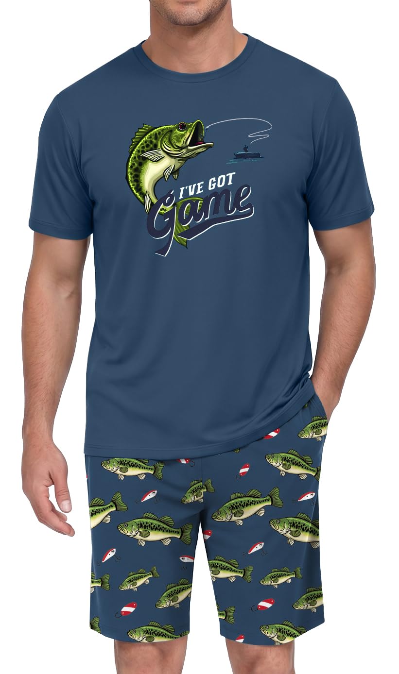 PrinStory Men Pajama Set Summer Pjs Sleepwear Short Sleeve Graphic Tee and Printed Shorts Novelty Loungewear With Pocket
