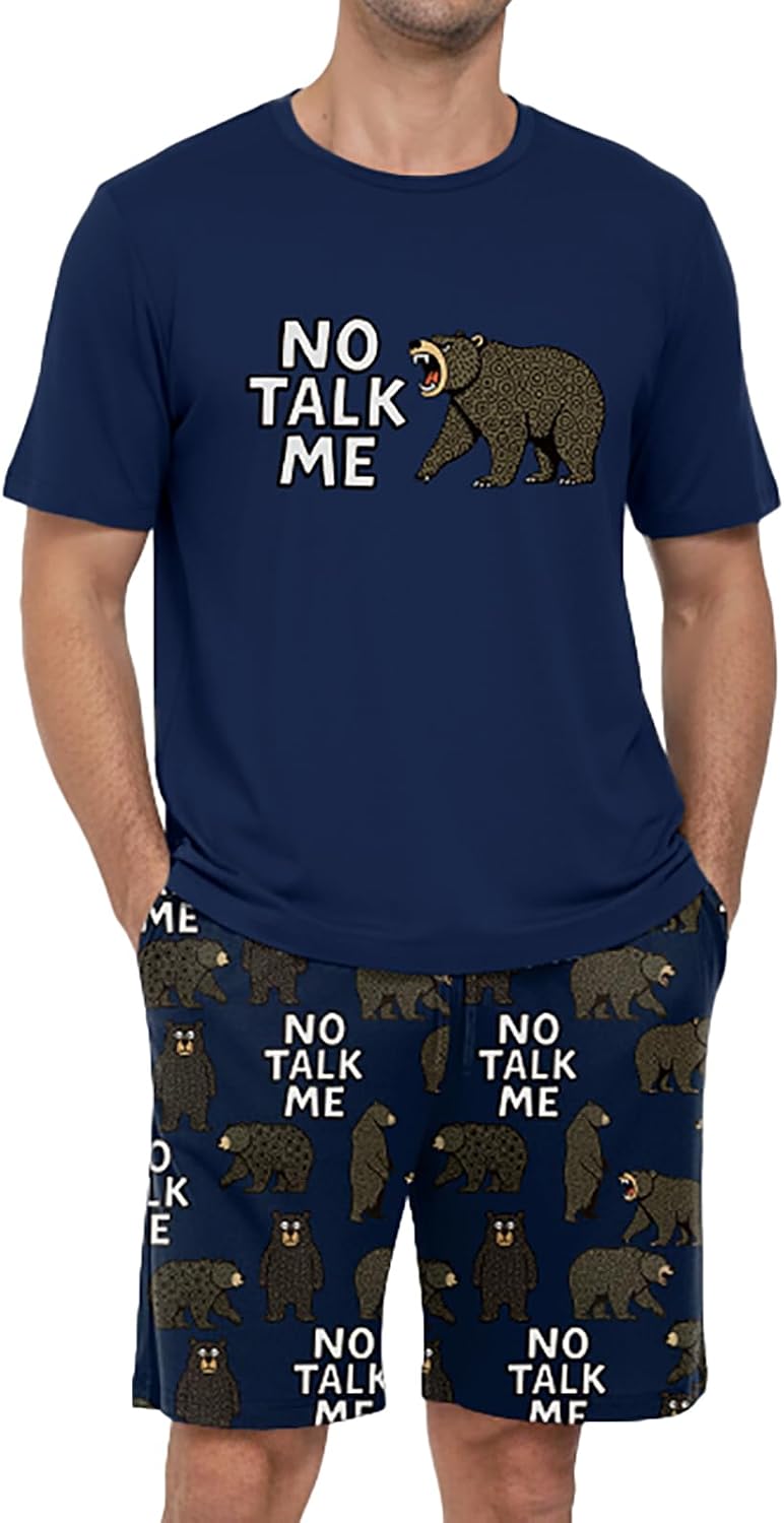 PrinStory Men Pajama Set Summer Pjs Sleepwear Short Sleeve Graphic Tee and Printed Shorts Novelty Loungewear With Pocket