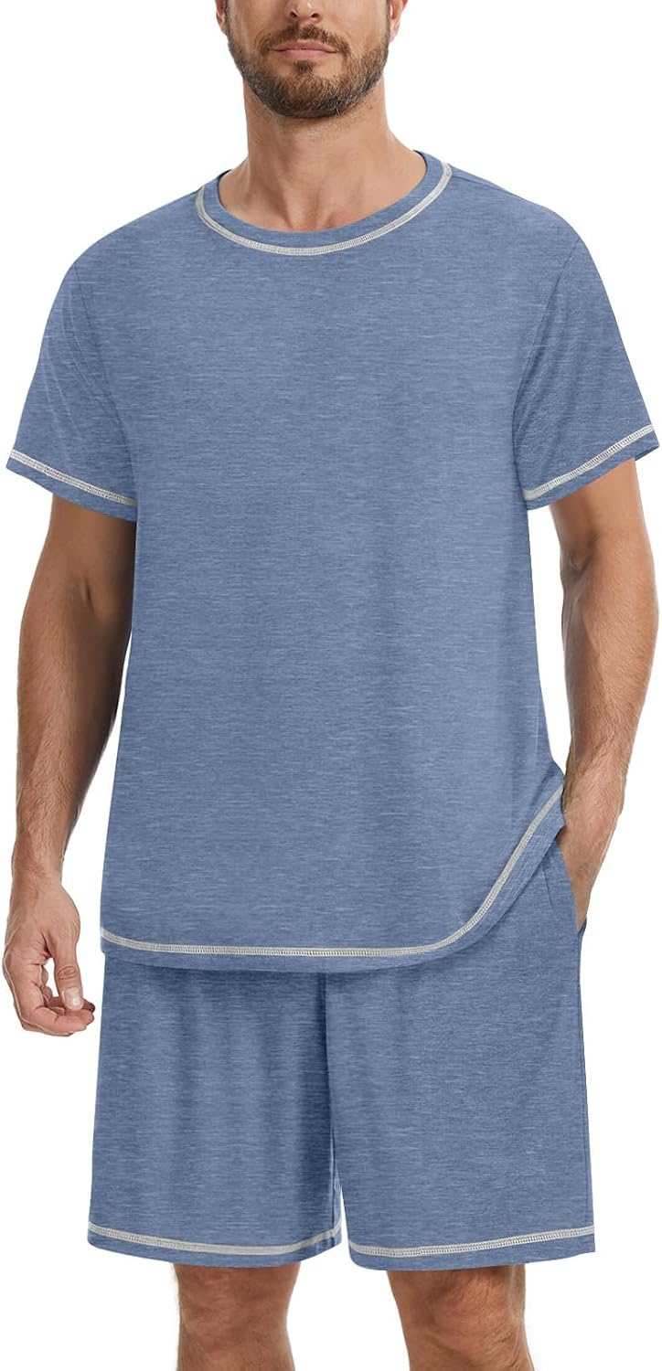 MLXSJ Men's Pajama Set Summer Pjs Sleepwear Short Sleeve Sleep Set S-3XL