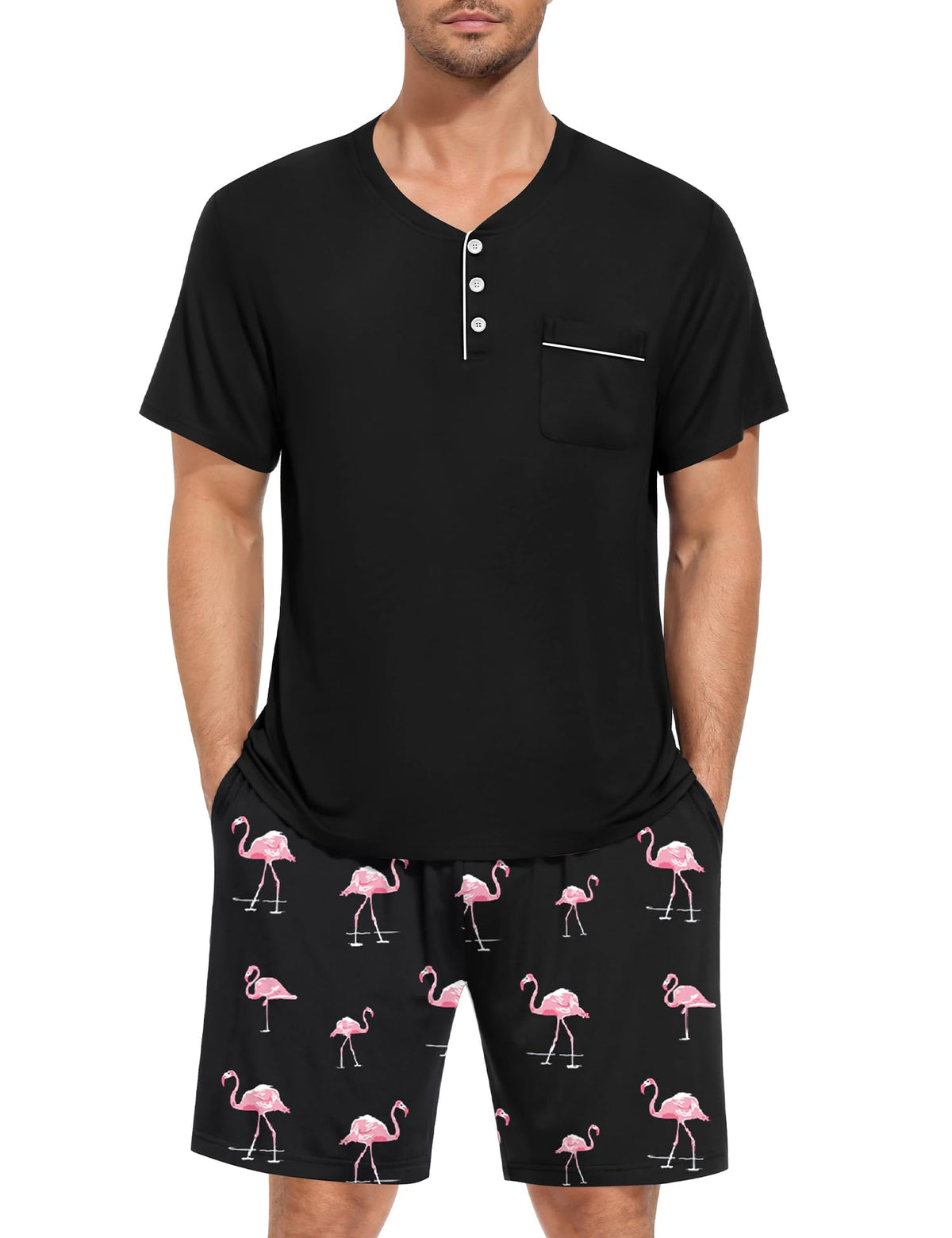SWOMOG Mens Pajama Set Summer Pjs Sleepwear 2 Piece Loungewear Soft Short Sleeve Sleep Set With Pocket Comfy Nightwear