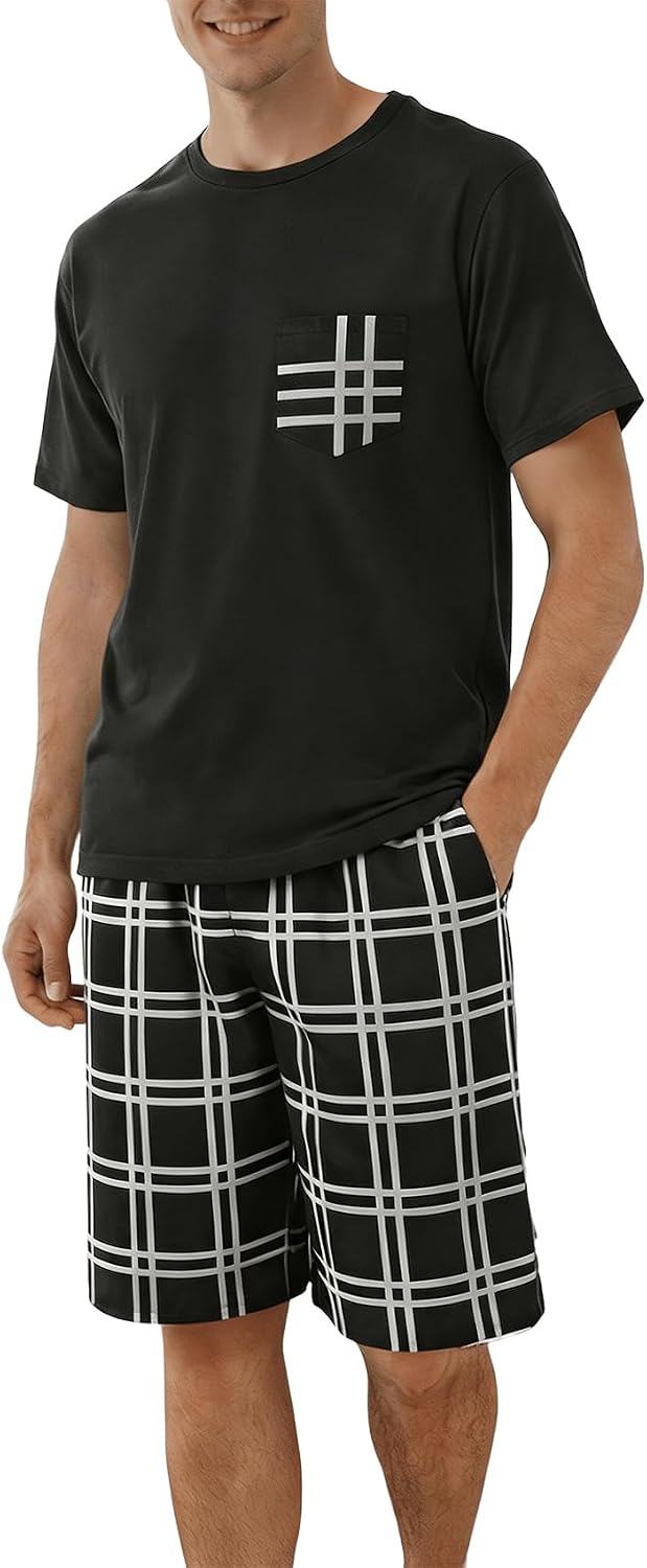 Mens Pajama Set Summer Sleepwear Short Sleeve Loungewear Lightweight Soft Nightwear Shirts Plaid Shorts with Pockets