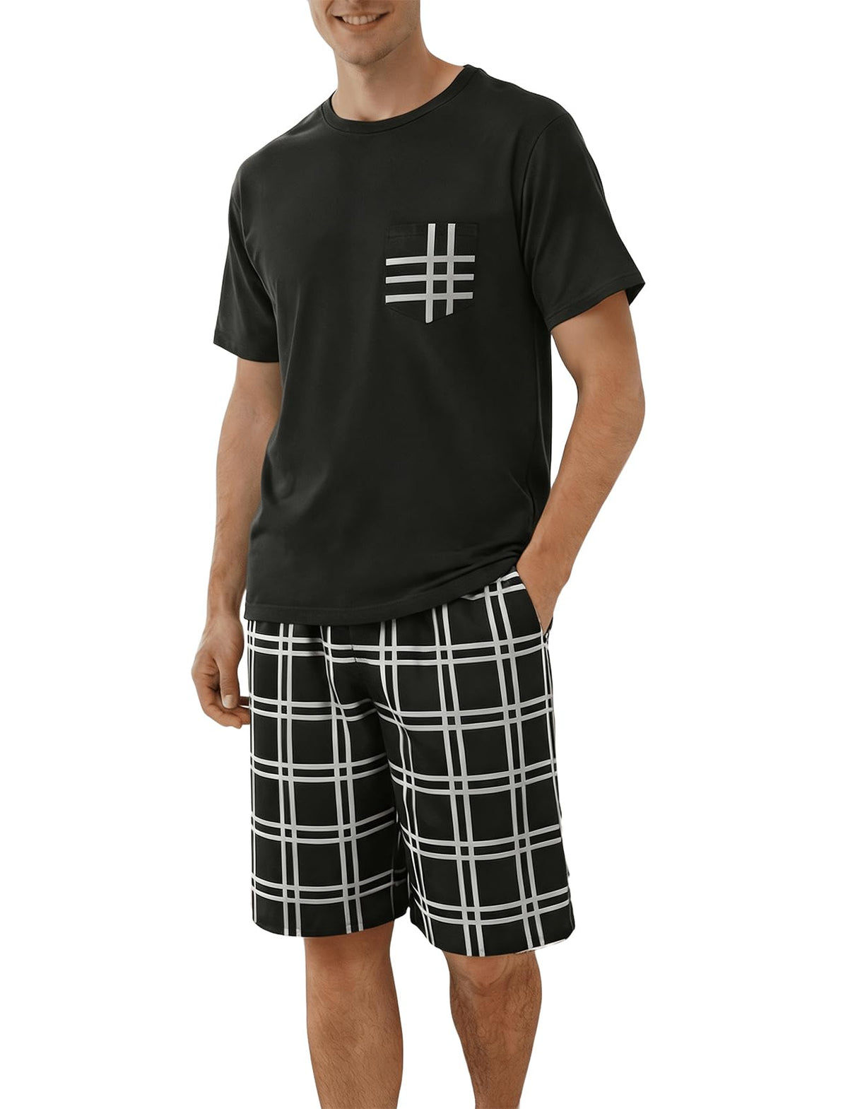 Mens Pajama Set Summer Sleepwear Short Sleeve Loungewear Lightweight Soft Nightwear Shirts Plaid Shorts with Pockets