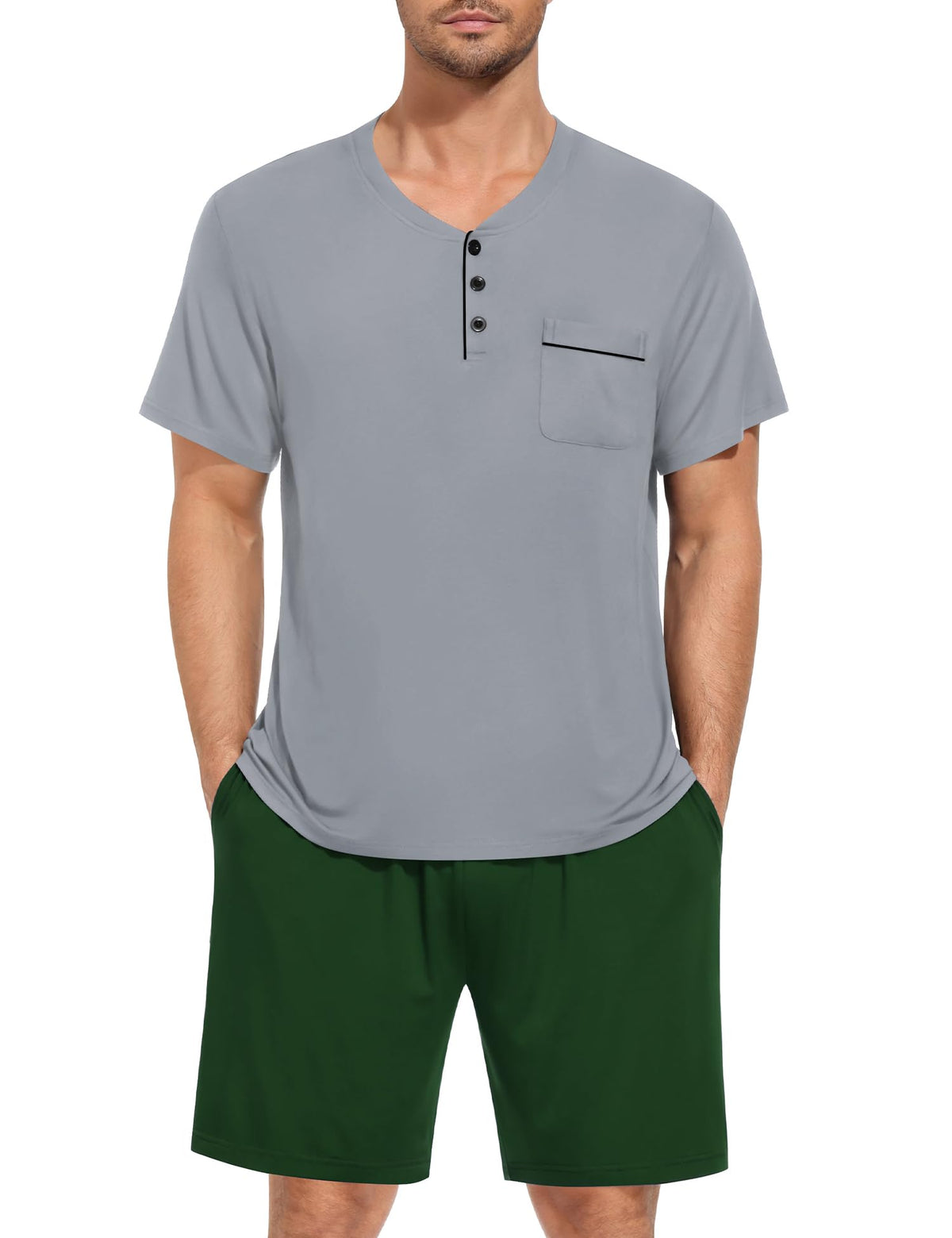 SWOMOG Mens Pajama Set Summer Pjs Sleepwear 2 Piece Loungewear Soft Short Sleeve Sleep Set With Pocket Comfy Nightwear