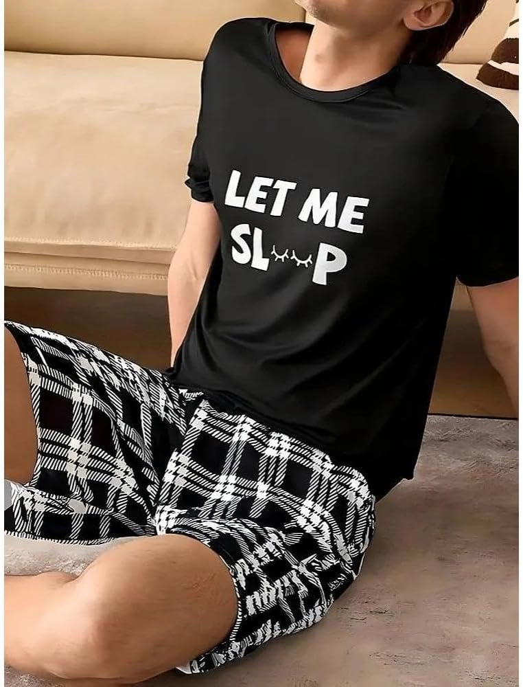 2 Piece Men T Shirt Lounge Set Short Sleeve Crew Neck Men and Matching Shorts Casual Home Wear Relaxed Fit Daily Sleep Set