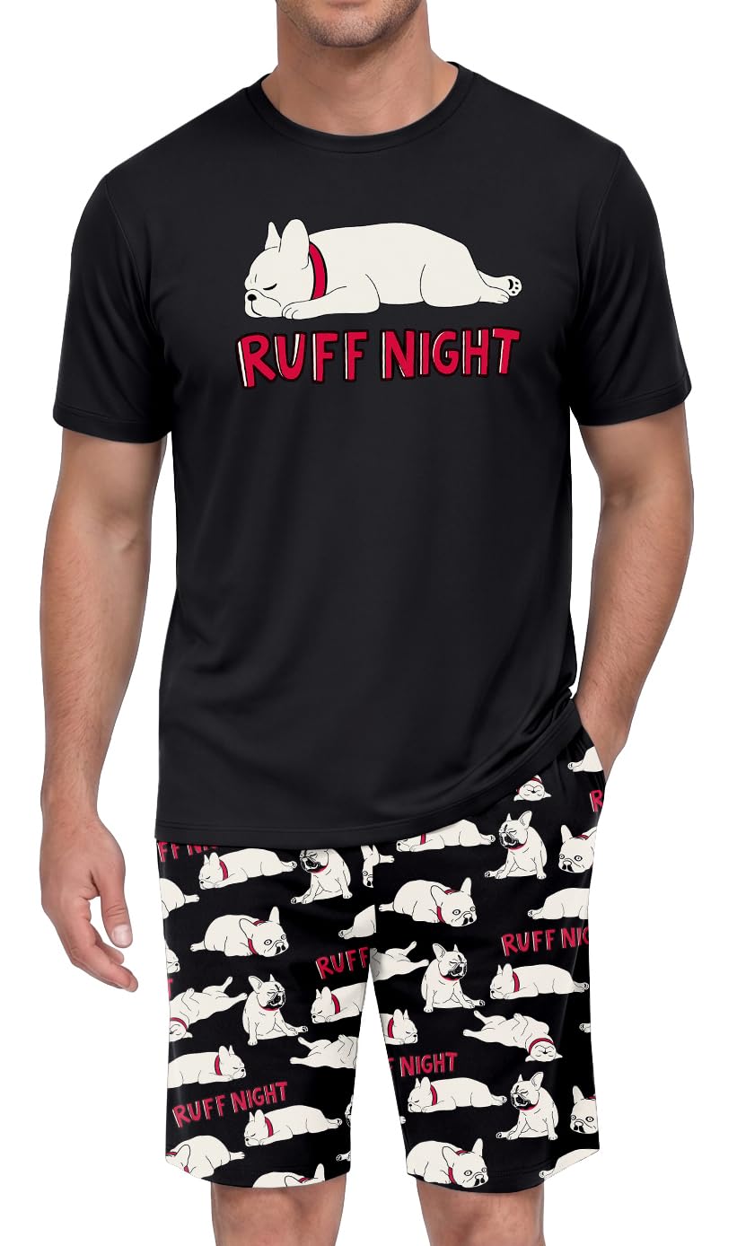 PrinStory Men Pajama Set Summer Pjs Sleepwear Short Sleeve Graphic Tee and Printed Shorts Novelty Loungewear With Pocket