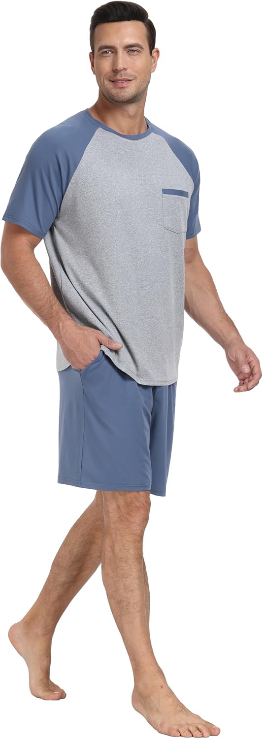 PrinStory Men‘s Pajama Set Summer Pjs Sleepwear Nightwear Lightweight Quick Dry Soft Stripe Sleep Set With Pocket S-2XL