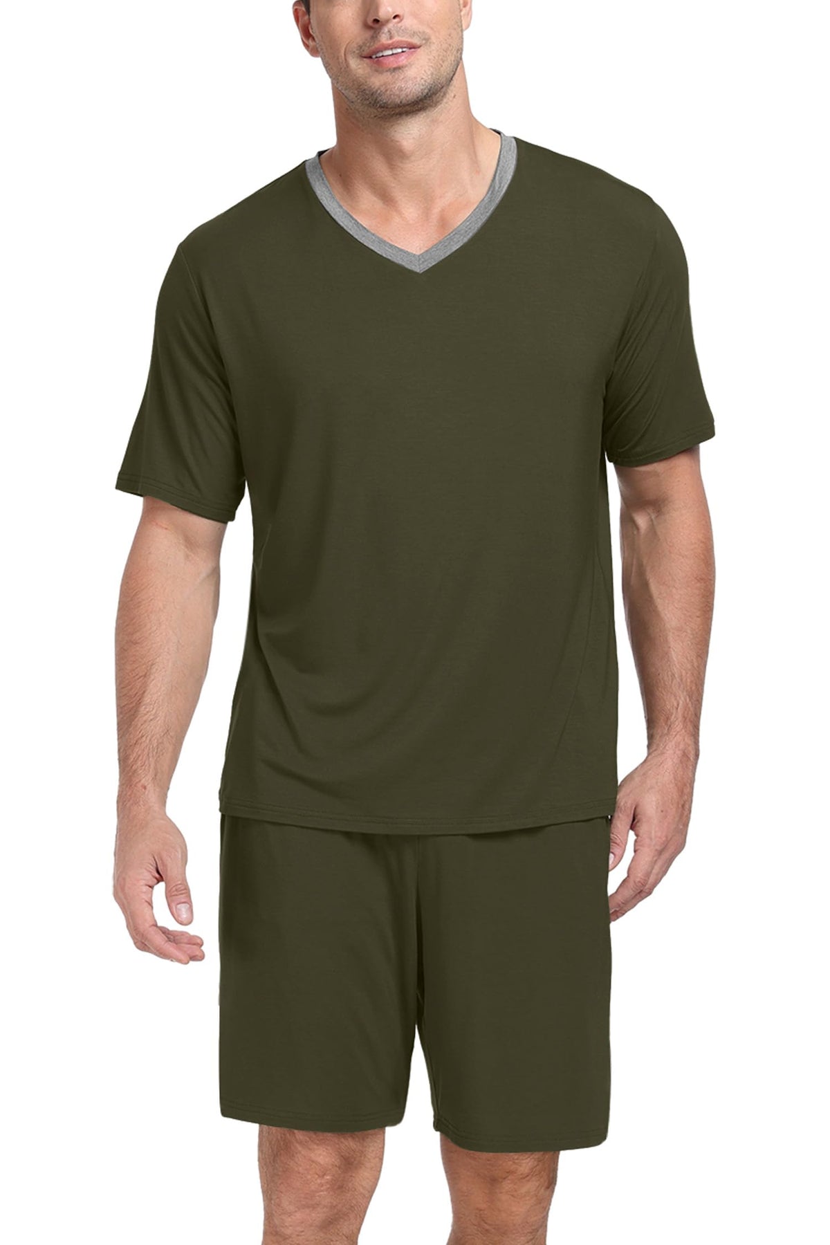 PrinStory Men's Pajama Set Sleepwear Pjs Lightweight Quick Dry Short Sleeve V-Neck Shirts and Shorts Soft Comfy Sleep Sets