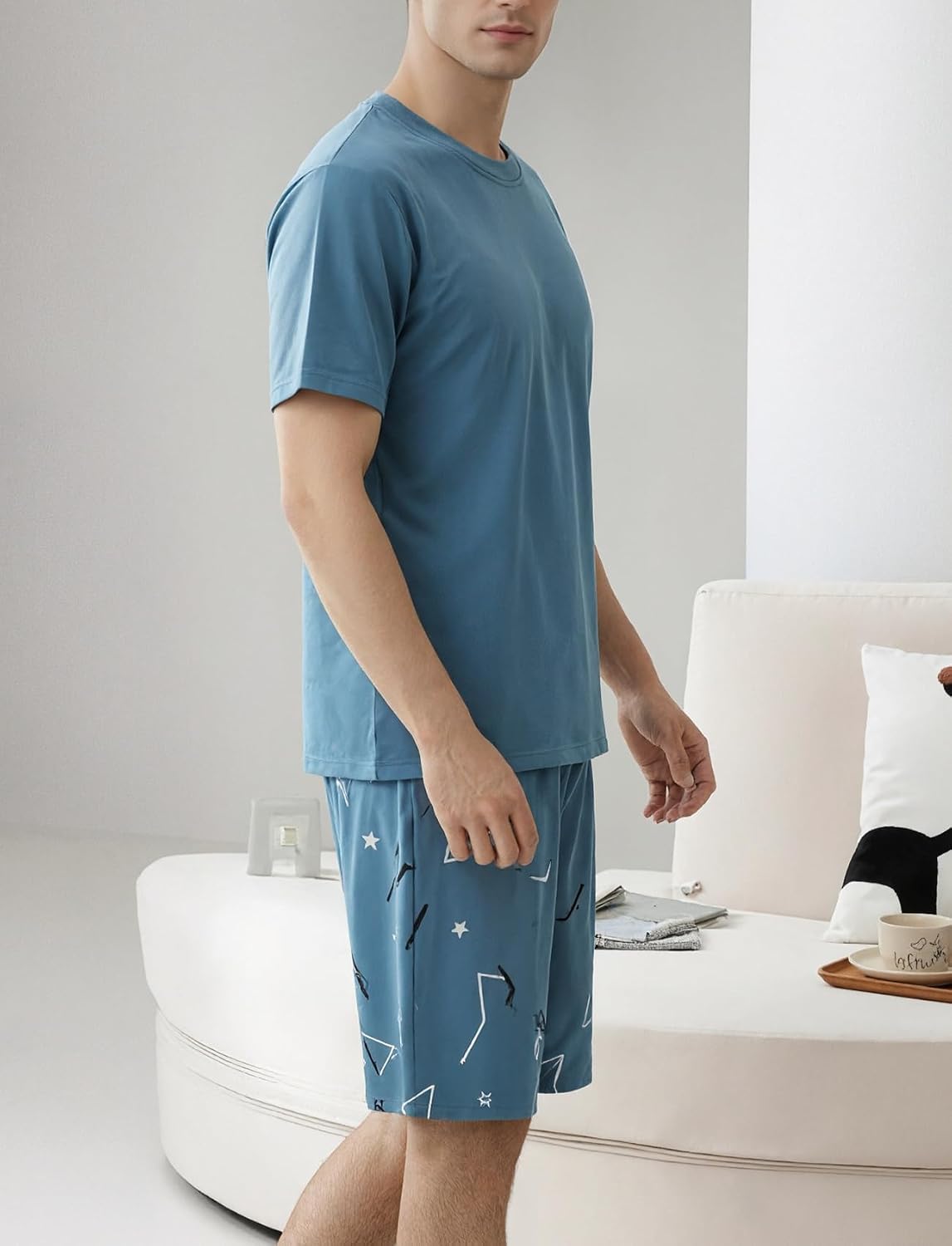 Men's Short Sleeve Pajama Set Summer Breathable Soft Sleepwear Loungewear Cozy PJs